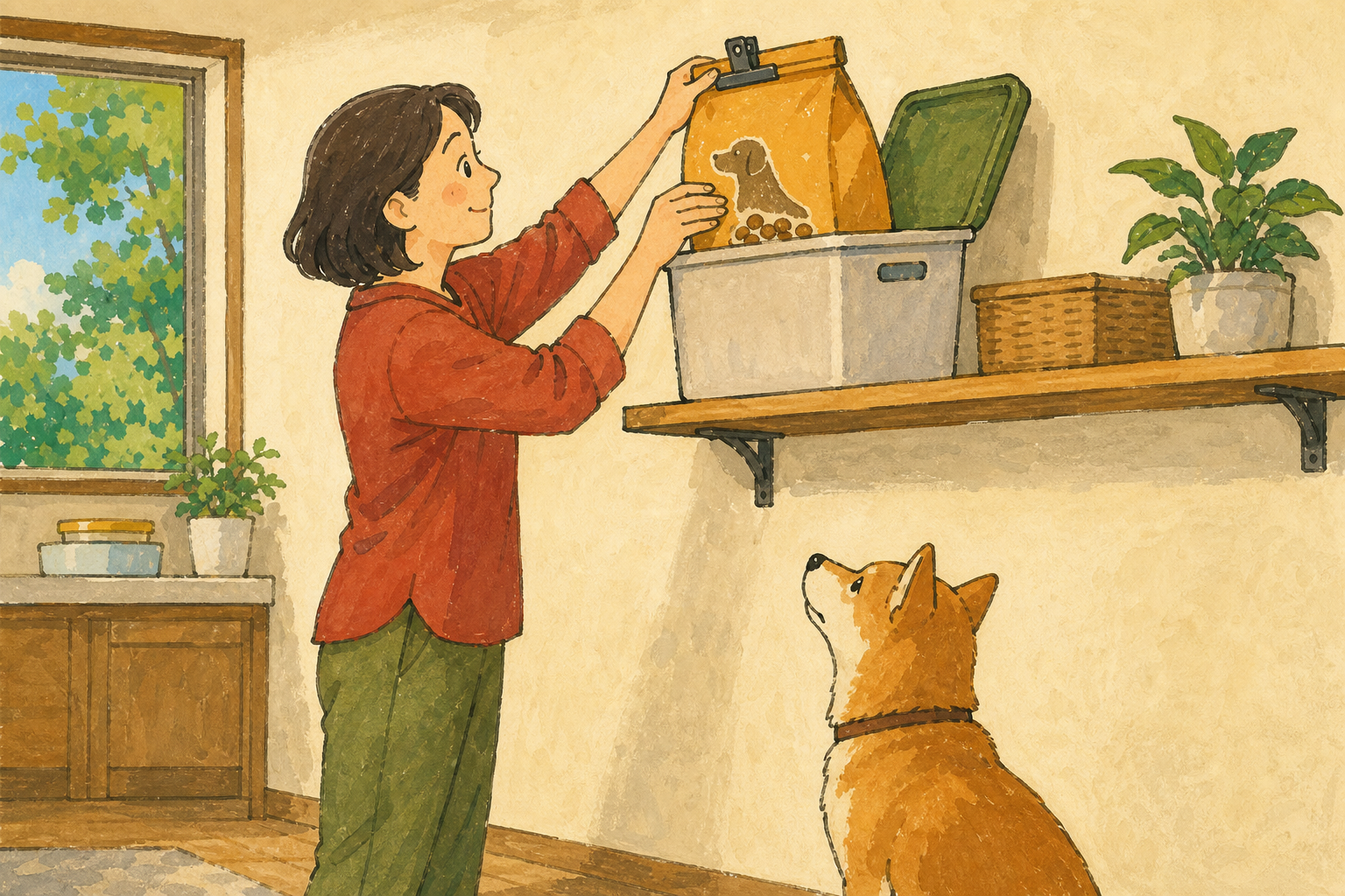 飼い主がドッグフードの袋を閉じて、犬の届かない棚の容器に袋ごと収納する