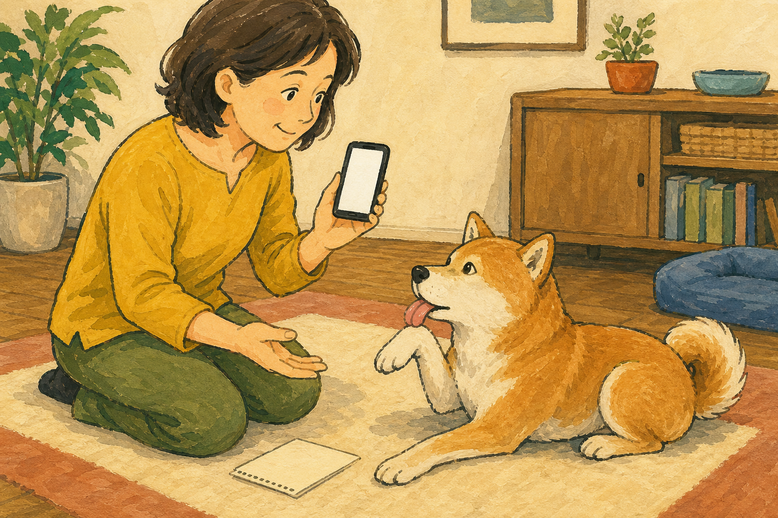 犬の足先を観察しながらスマートフォンに様子を記録する飼い主