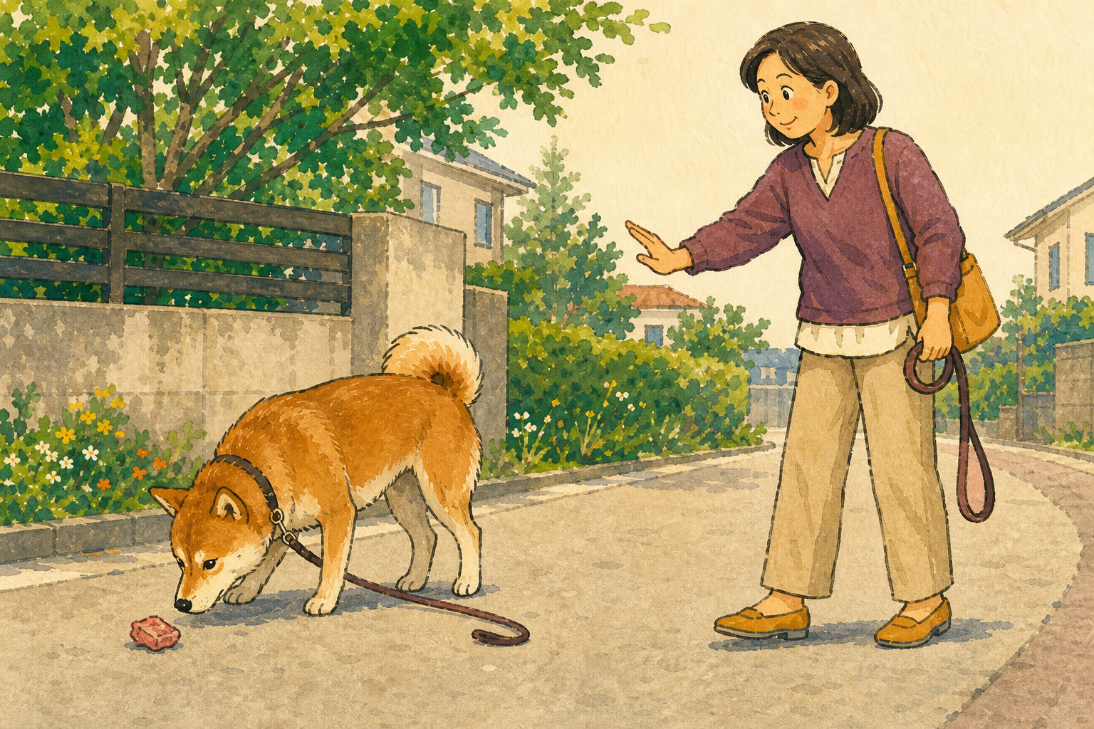 道端の物に近づいた犬を呼びながら距離を取る飼い主