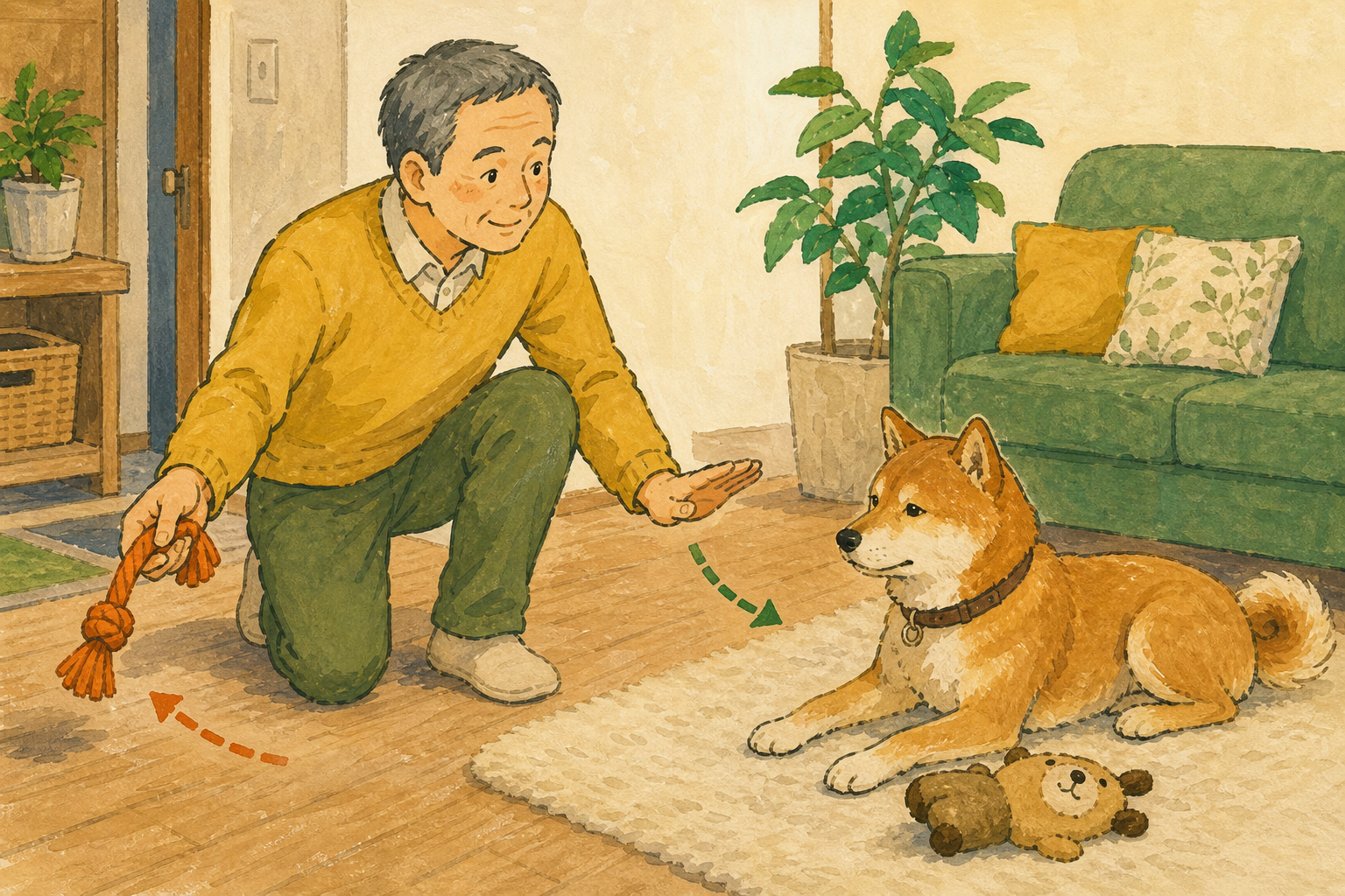 犬の様子を見て、遊びに誘うかそばで休むかを選ぶ飼い主のイラスト