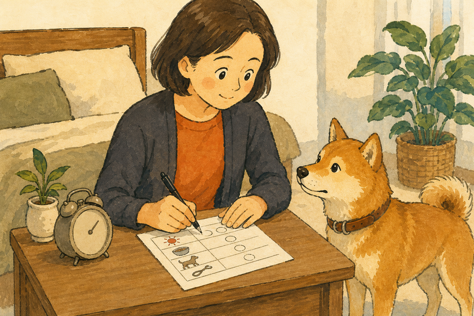 犬の様子を見ながら朝の時刻を記録する飼い主