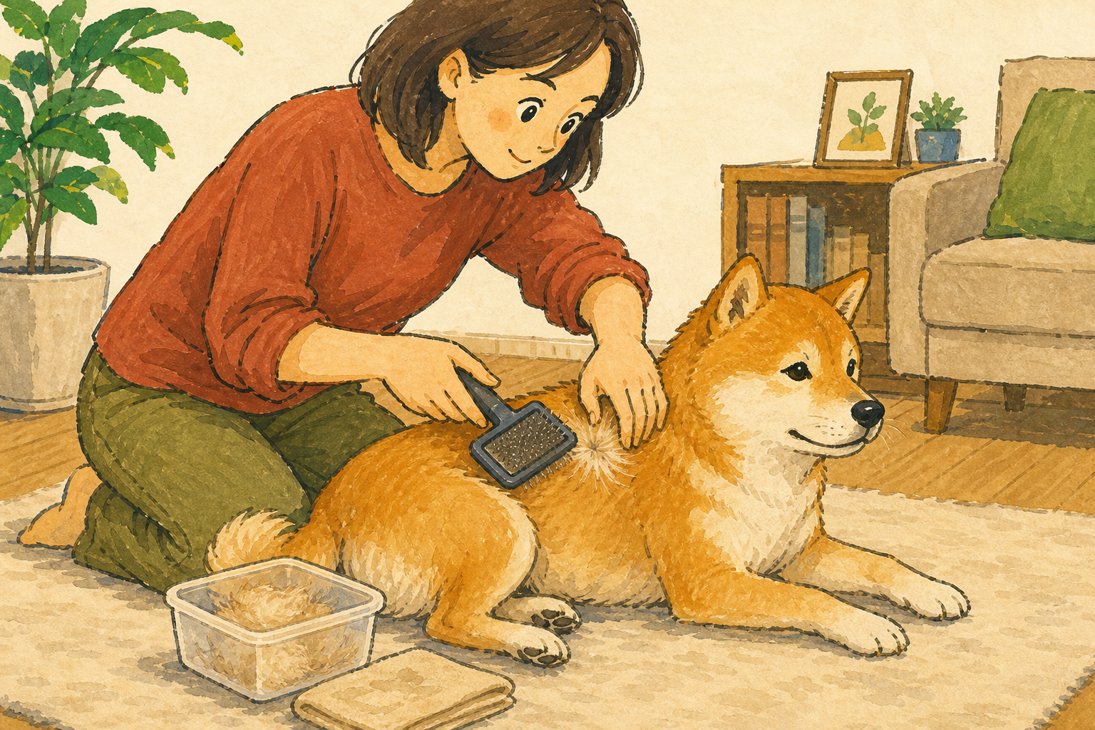 犬の毛を分けて皮膚を確認しながらブラッシングする飼い主
