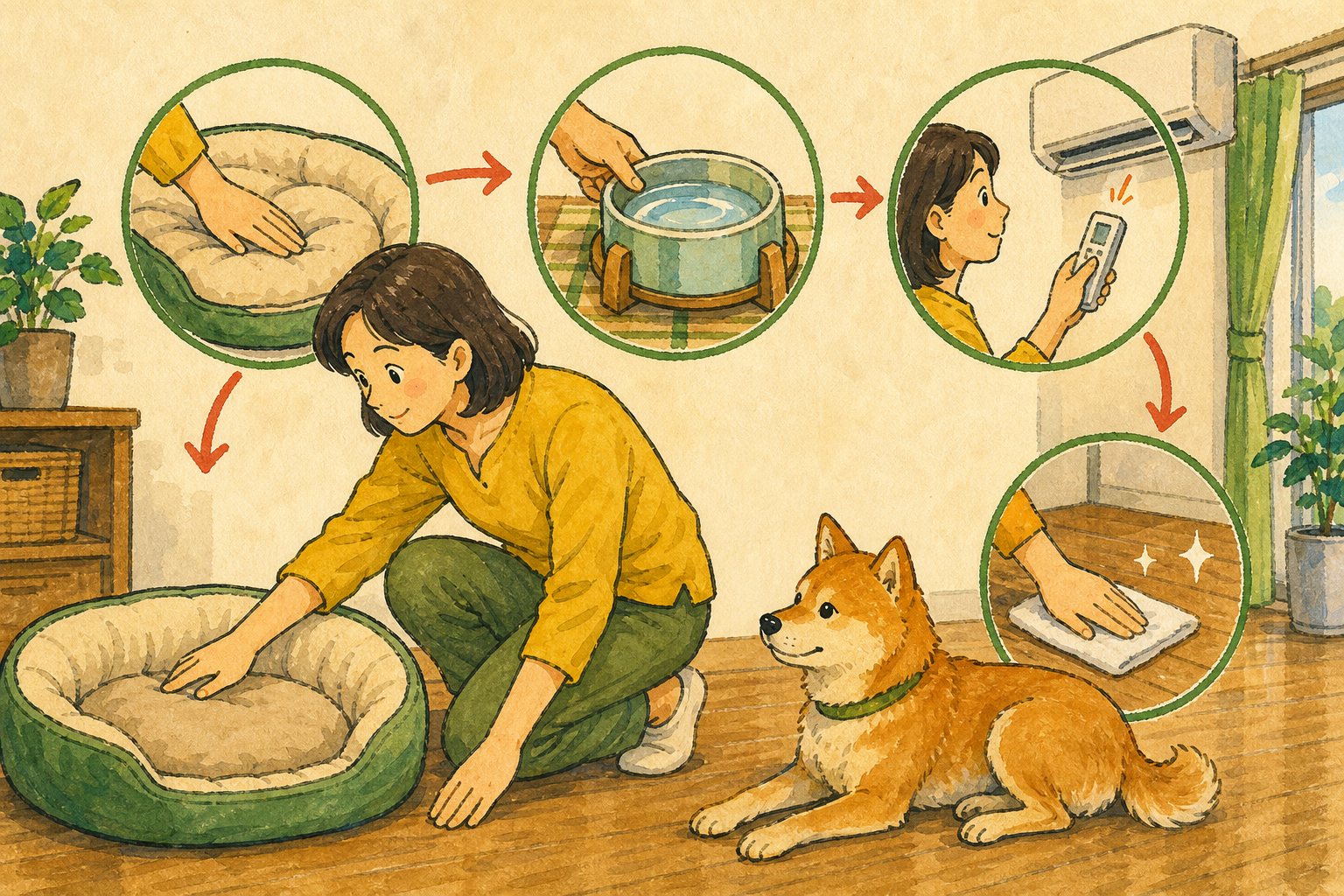 犬の留守番前に水や寝床と室内の安全を確認する手順を描いたイラスト