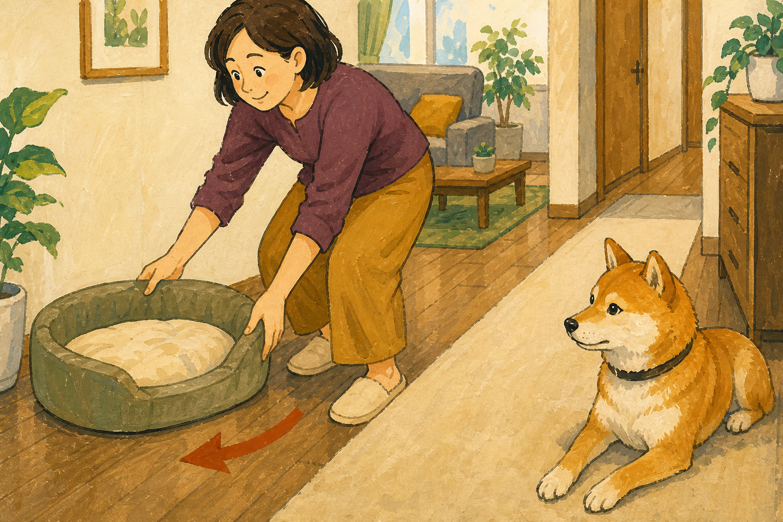 家族の通り道から少し外れた位置へ犬のベッドを動かす様子