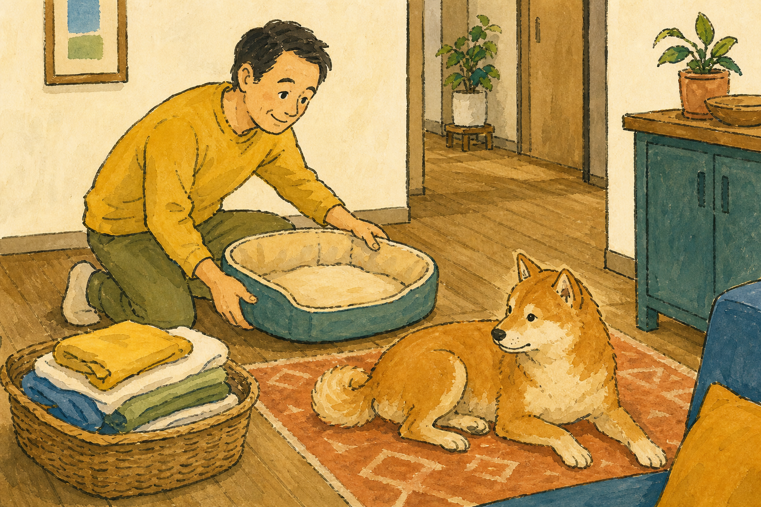 犬用ベッドの場所を変えて犬の反応を観察する飼い主