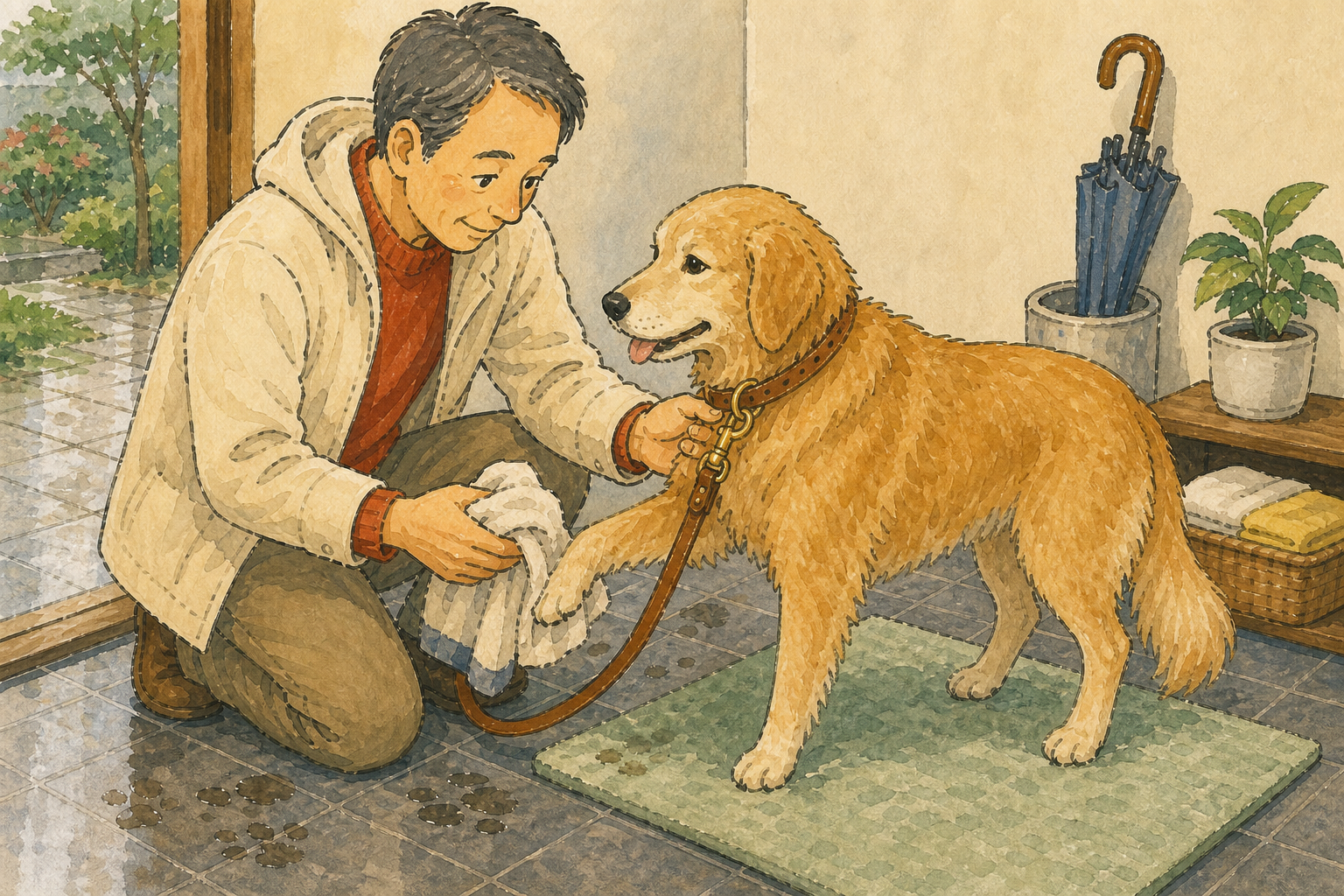 玄関で犬の足を拭きながら革の首輪とリードを確認する飼い主