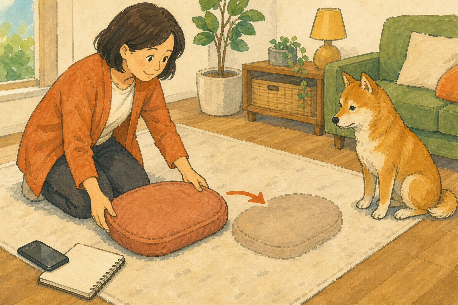 犬のマットを一つだけ動かして反応を観察する飼い主