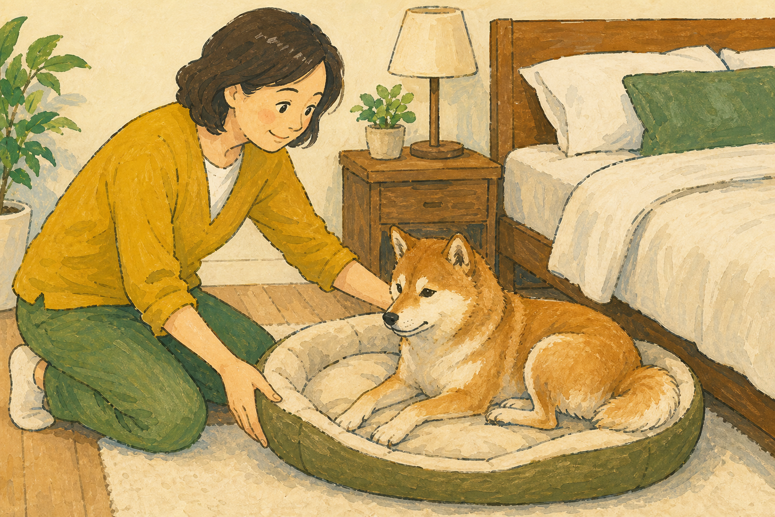 飼い主が寝室のベッド脇に犬用ベッドを置き、犬がそこで休む様子を見ている