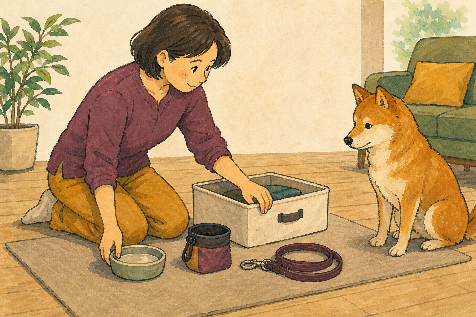 犬の練習前にマットと道具を同じ順番で準備する飼い主さん