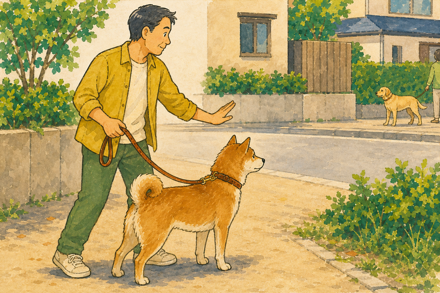 散歩中に犬へ合図を出しながら道の端へ移動する飼い主さん