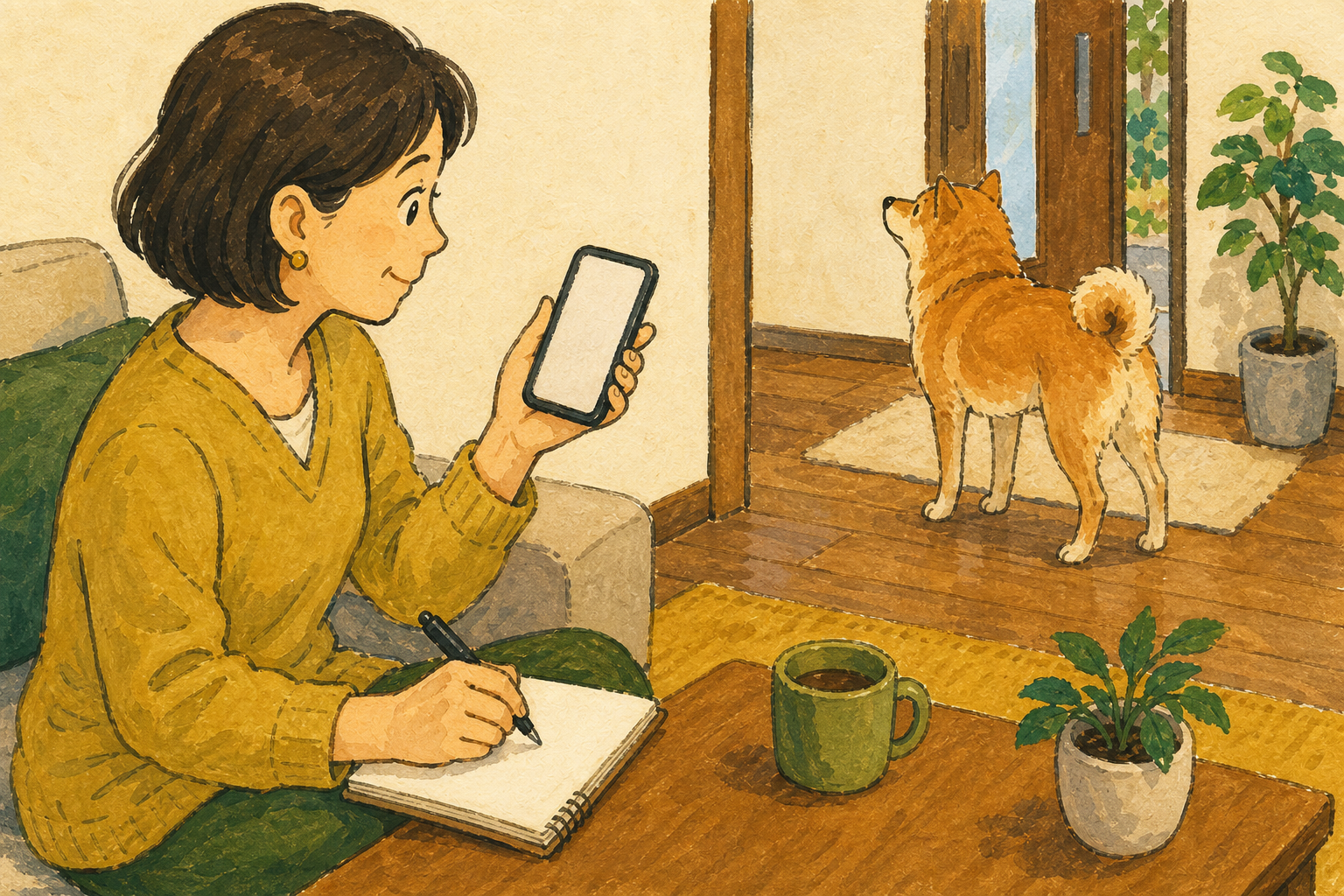 犬と距離を保ち、行動の前後をスマートフォンに記録する飼い主