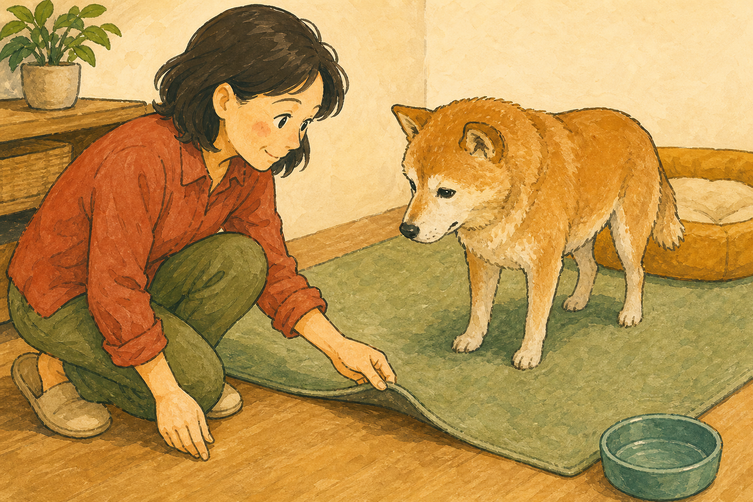 シニア犬の動線に敷いたマットの端を飼い主が確認している様子