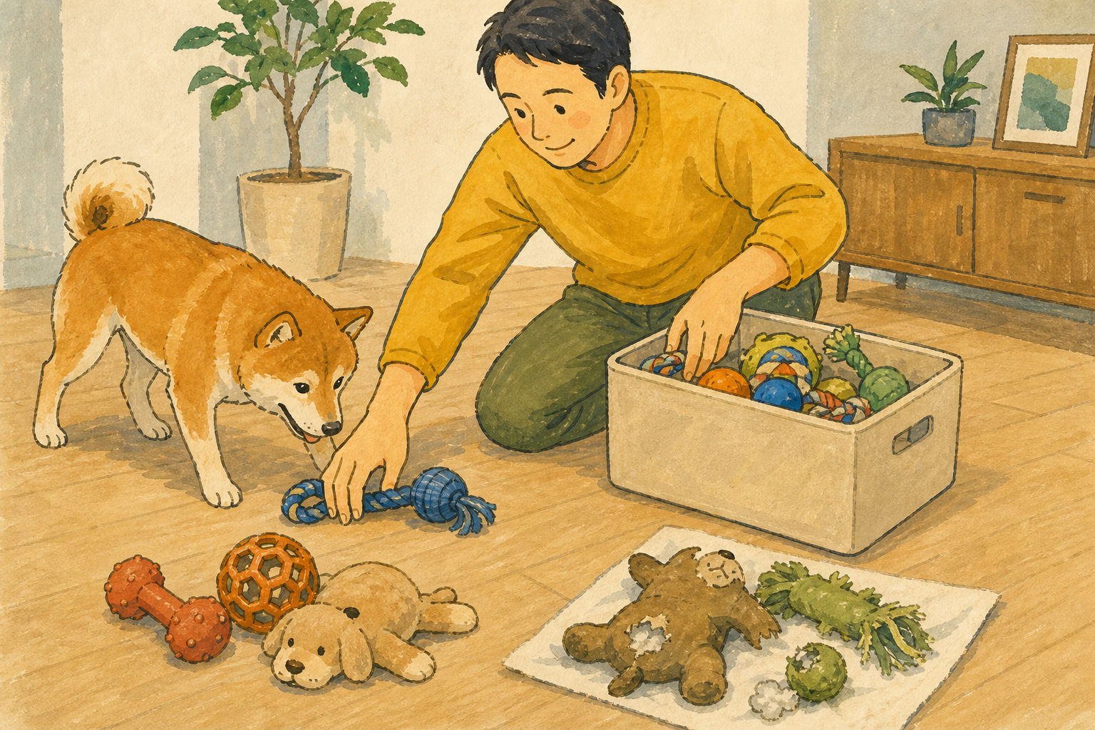 飼い主が犬のおもちゃをよく使うもの、しまうもの、傷んだものに分けているイラスト