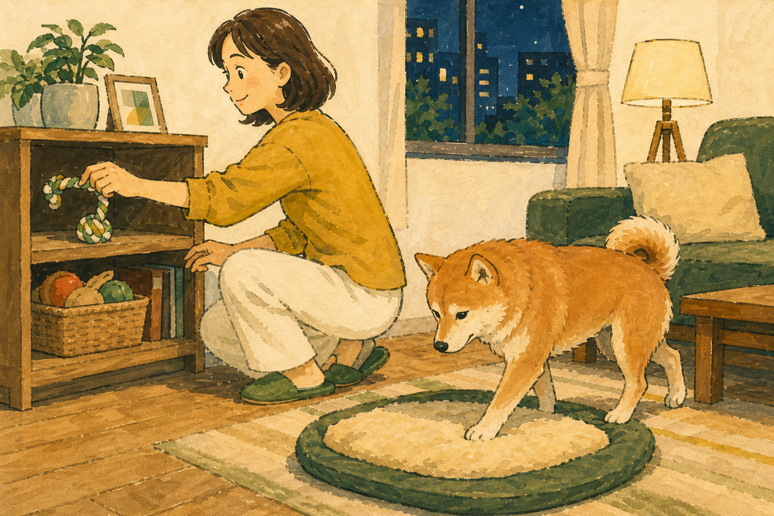 飼い主がおもちゃを片づけ、犬が休む場所へ向かう夜の居間