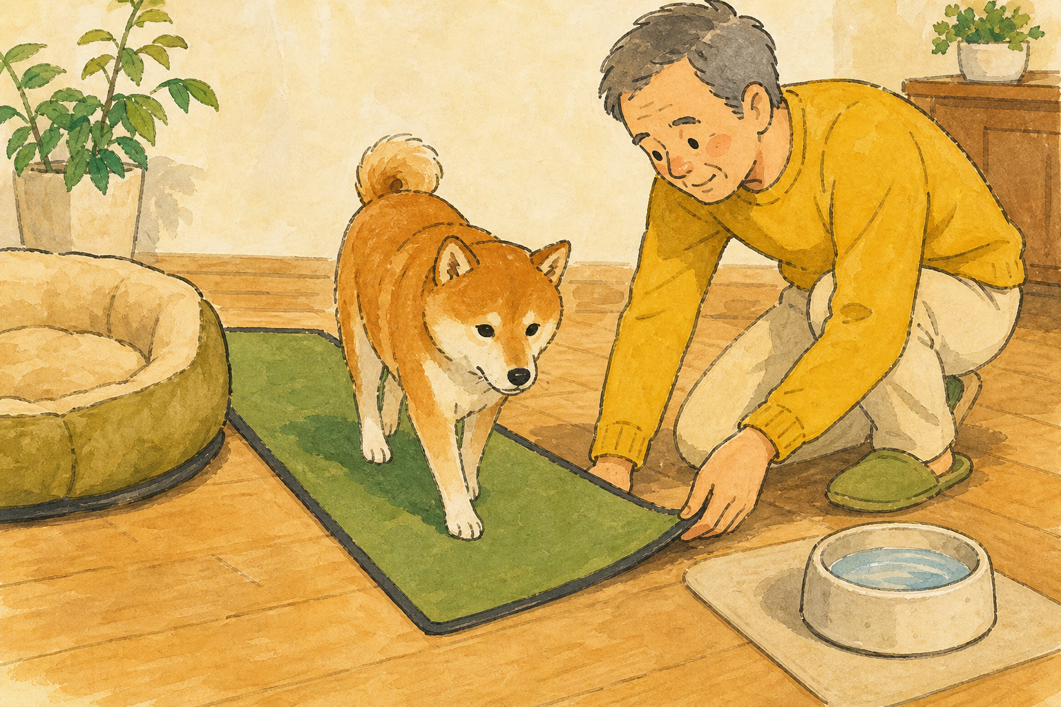 飼い主が犬の通り道に敷いたマットの端を確認しているイラスト