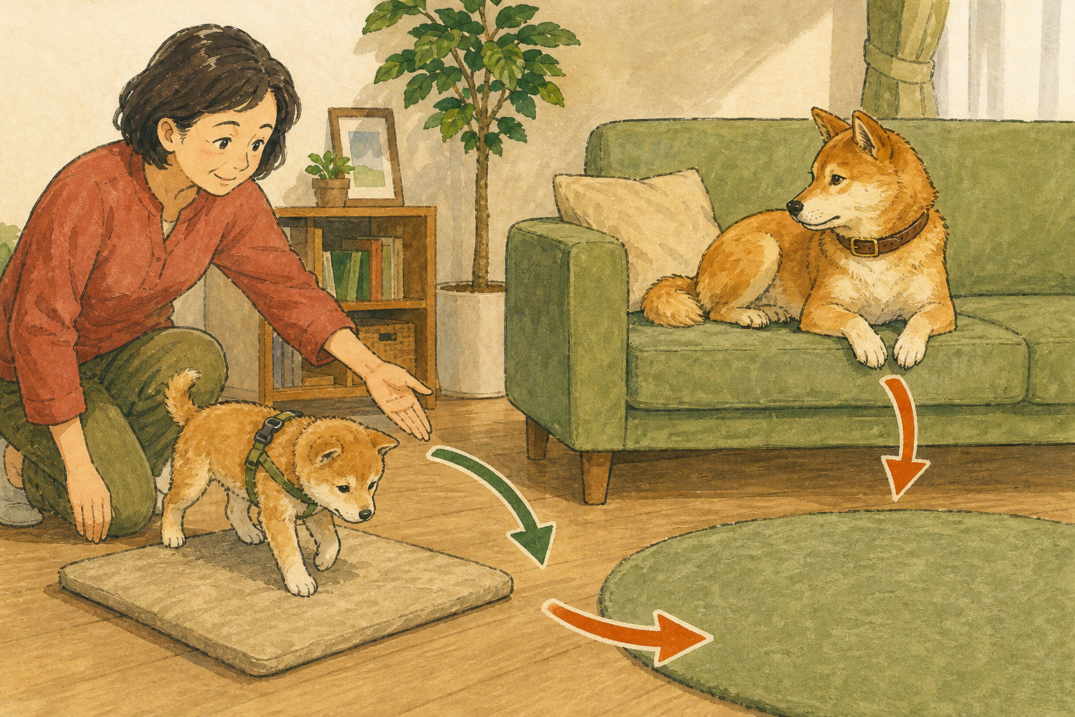 子犬を別のマットへ誘導し先住犬の逃げ道を空ける飼い主
