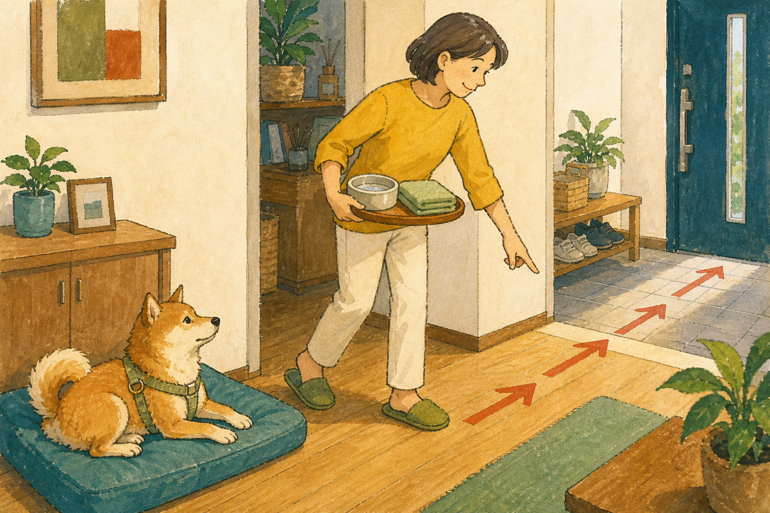 保護犬の寝床から玄関までの動線と散歩用品の置き場所を確認する飼い主