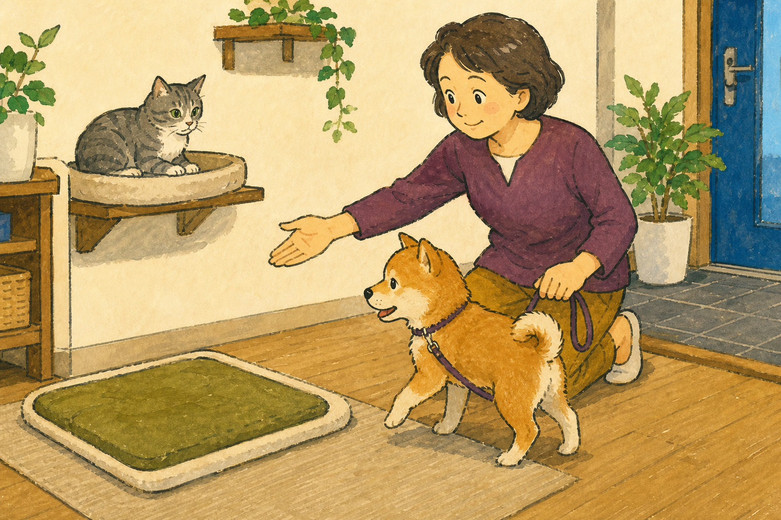 散歩前に子犬を猫から離れたマットへ誘導し落ち着かせる飼い主