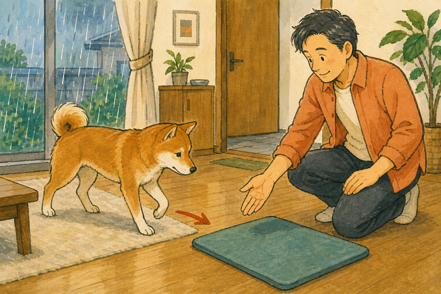 飼い主の手の合図で犬が室内のマットへ向かう練習