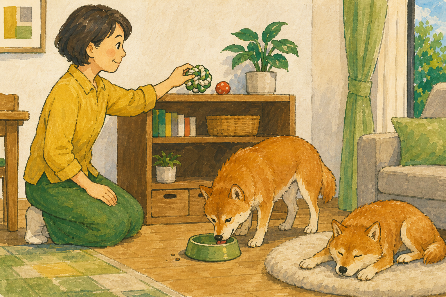 飼い主がおもちゃを片づけ、食事後に犬が落ち着く時間をとっている