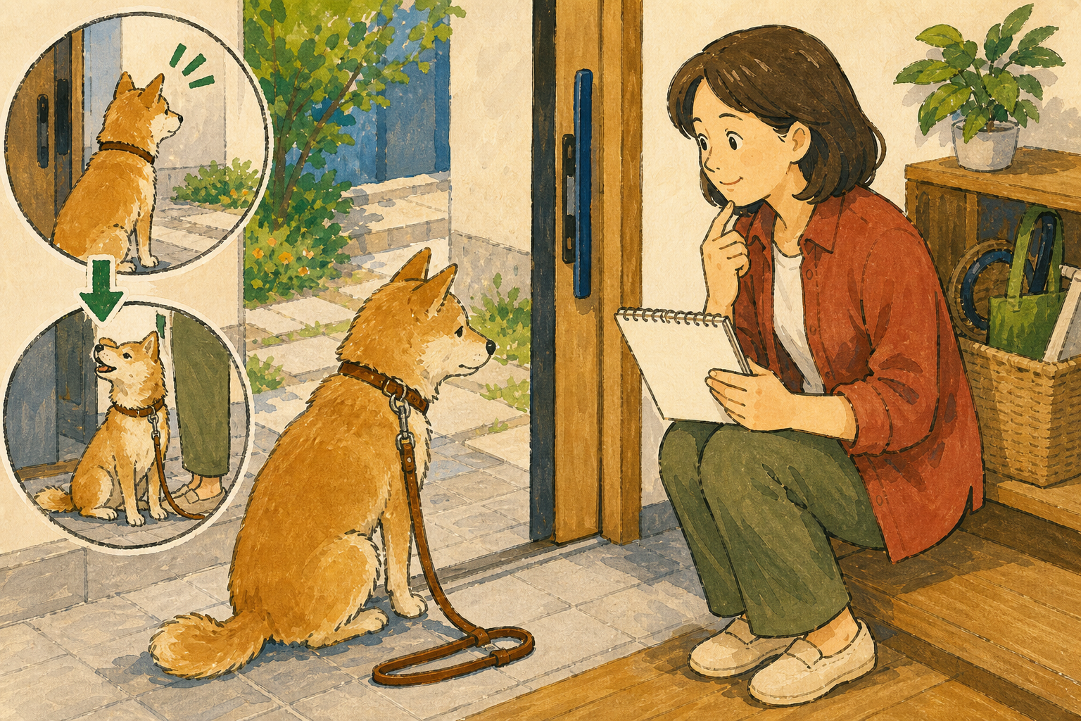 犬が玄関へ向かう前後の家の様子を飼い主が静かに観察している場面