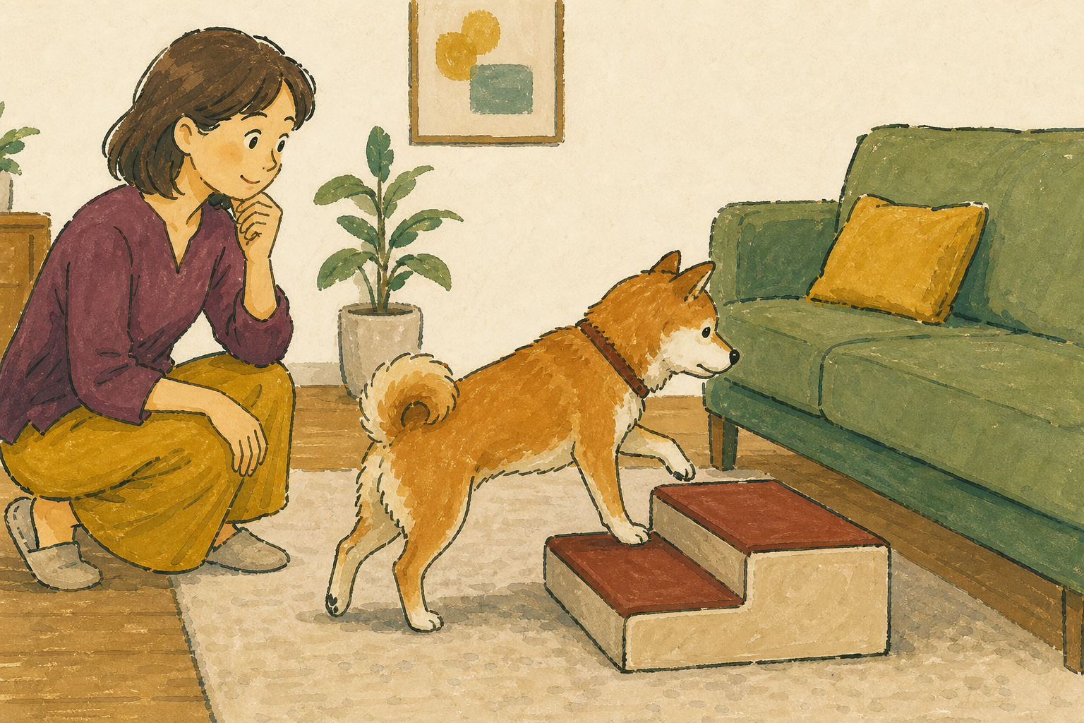 犬の動線を見ながらソファ脇のステップの位置を考える飼い主