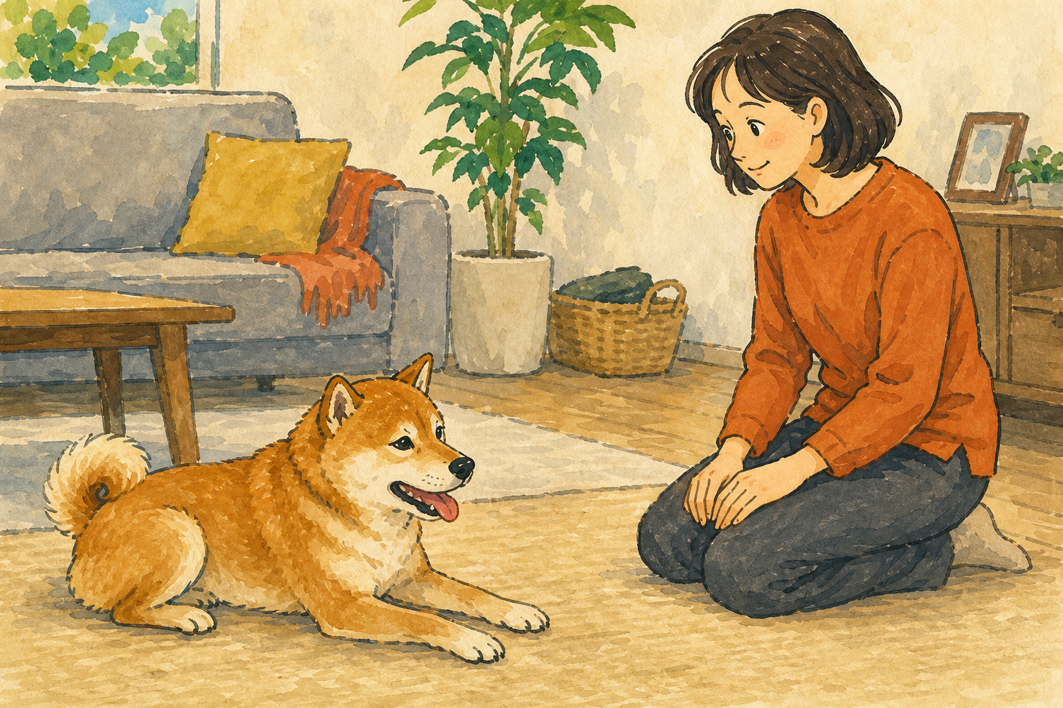 走り終えた犬を少し離れて静かに観察する飼い主
