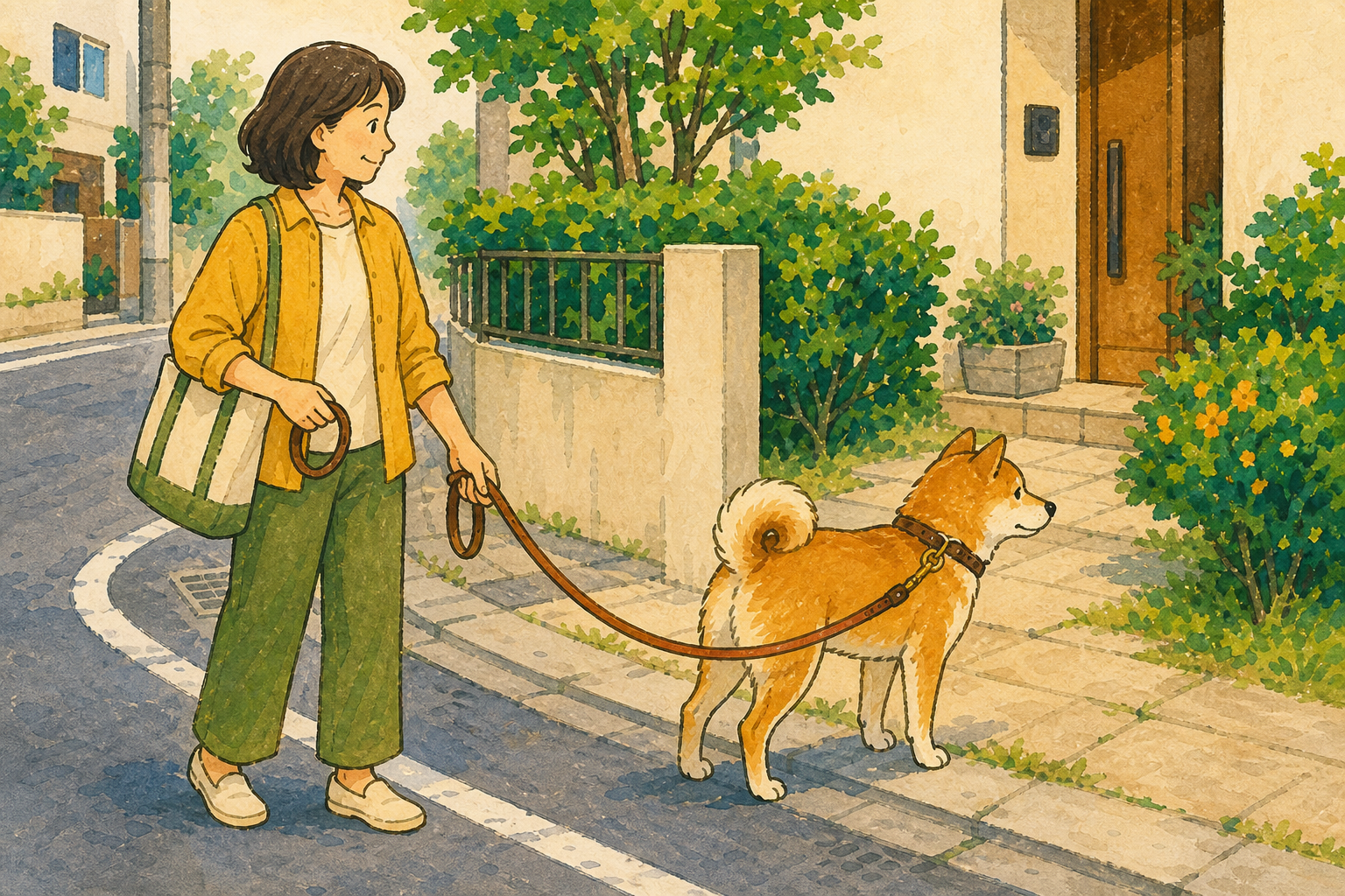 リードを強く引かず犬の向きと安全を確認する散歩中の飼い主