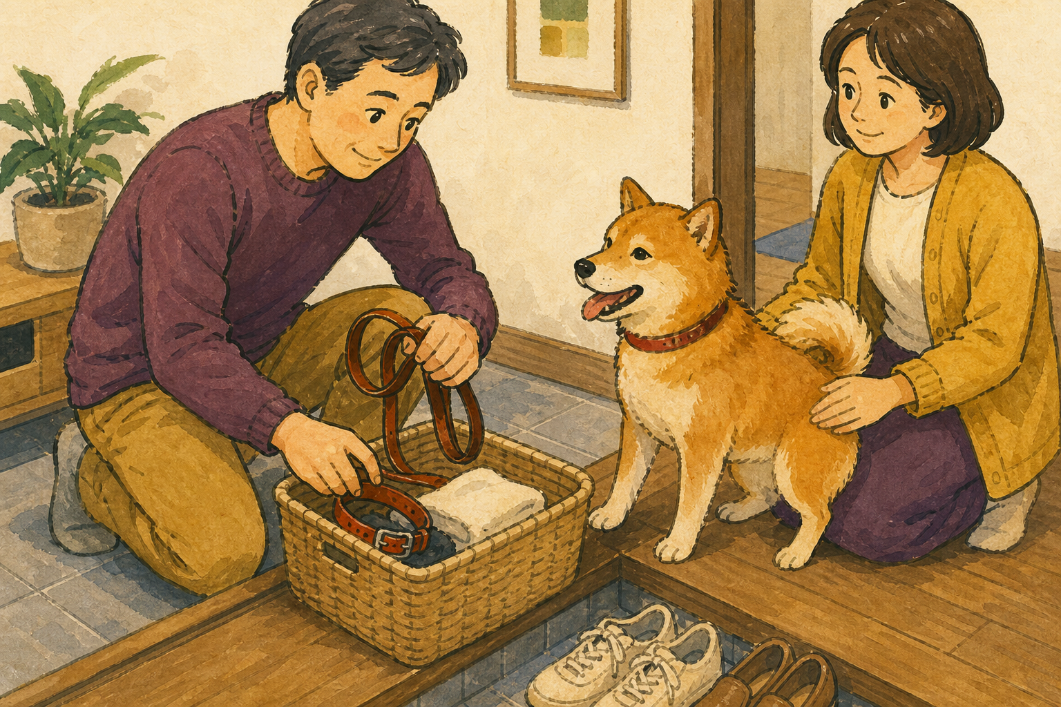 散歩から帰った飼い主が用品を収納かごへ戻し、犬の様子を確認しているイラスト