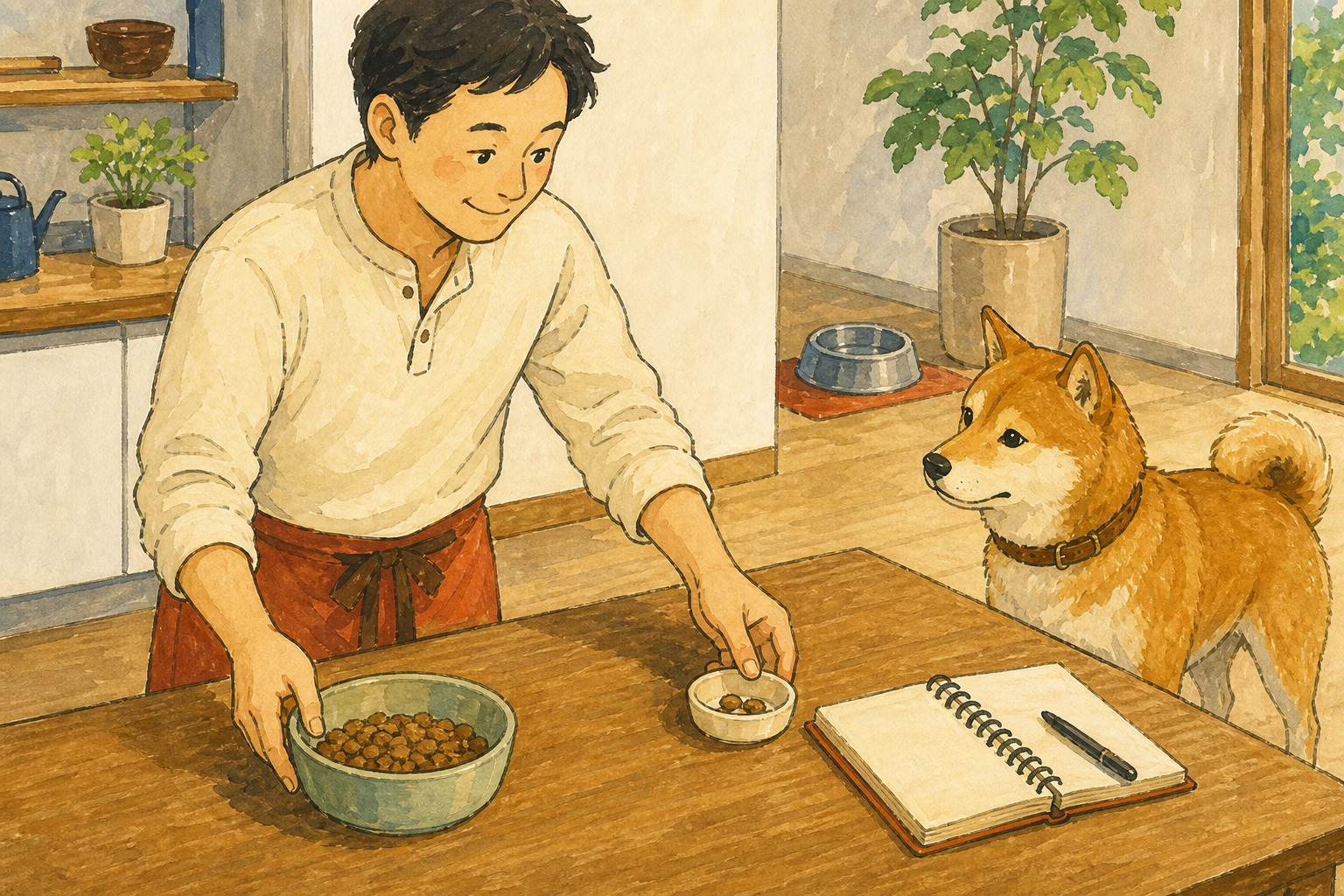 主食とおやつを分けて記録の準備をする飼い主と犬