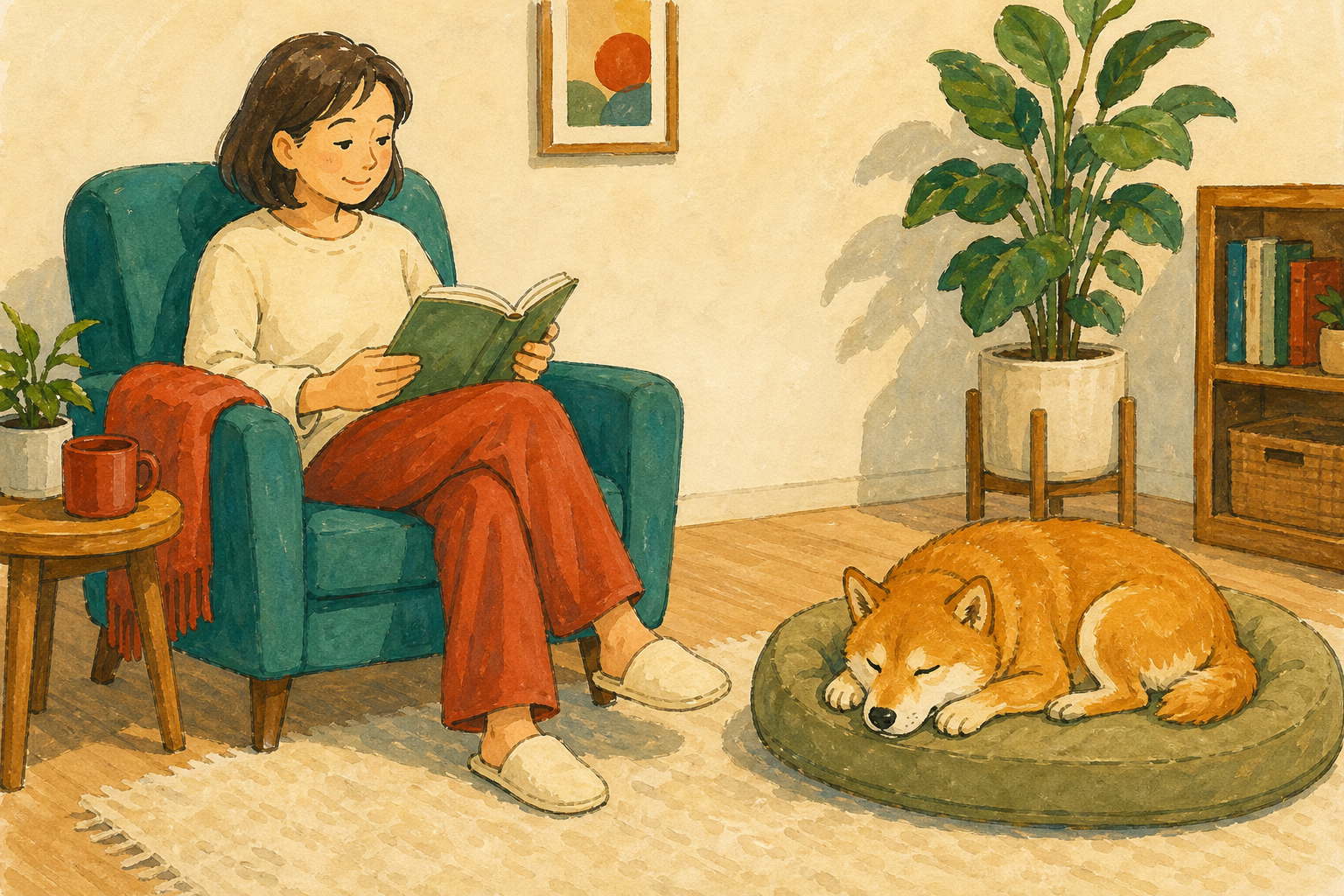 飼い主が静かに本を読み、犬が近くのベッドで休んでいる