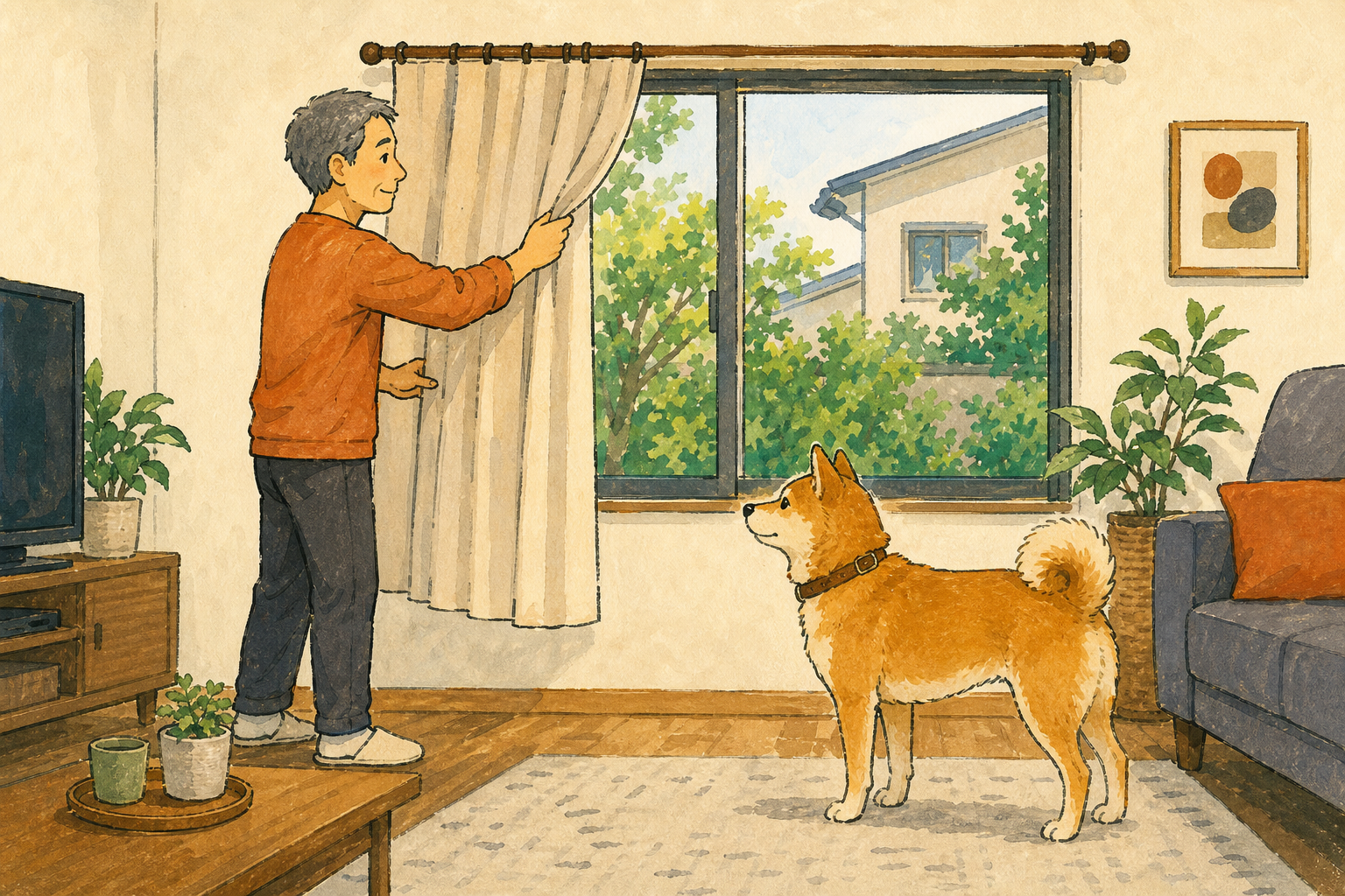 飼い主が窓の一部をカーテンで覆い、犬の反応を見ている