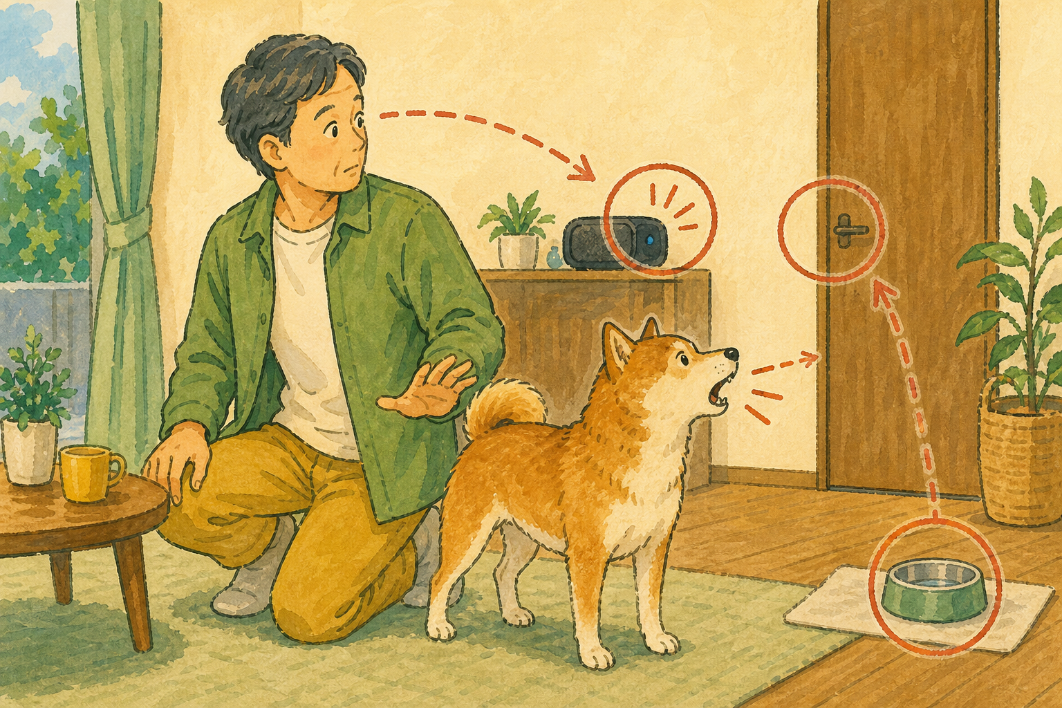 犬が鳴いたときに周囲の変化と犬の様子を順番に確認する飼い主