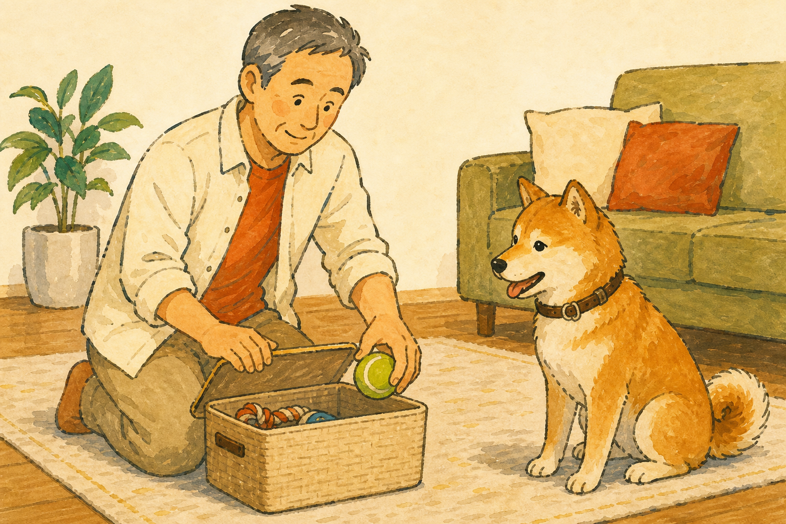 飼い主がボールをしまい、犬との遊びを終える場面