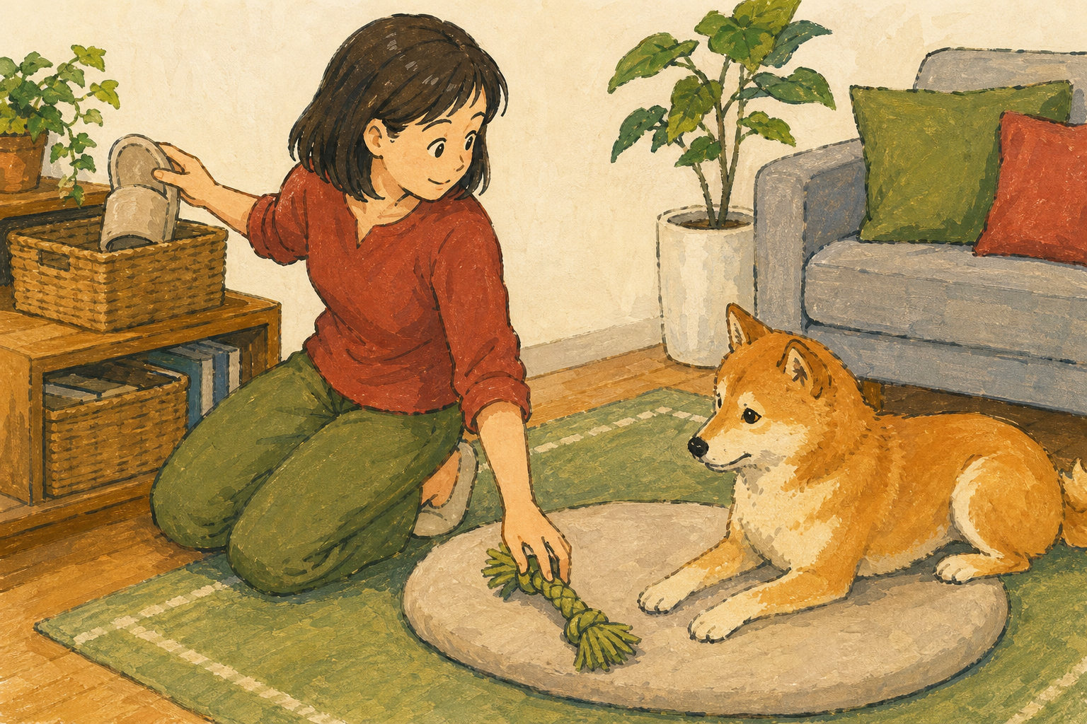 犬のそばにおもちゃを置き、スリッパを手の届かない場所へ移す飼い主