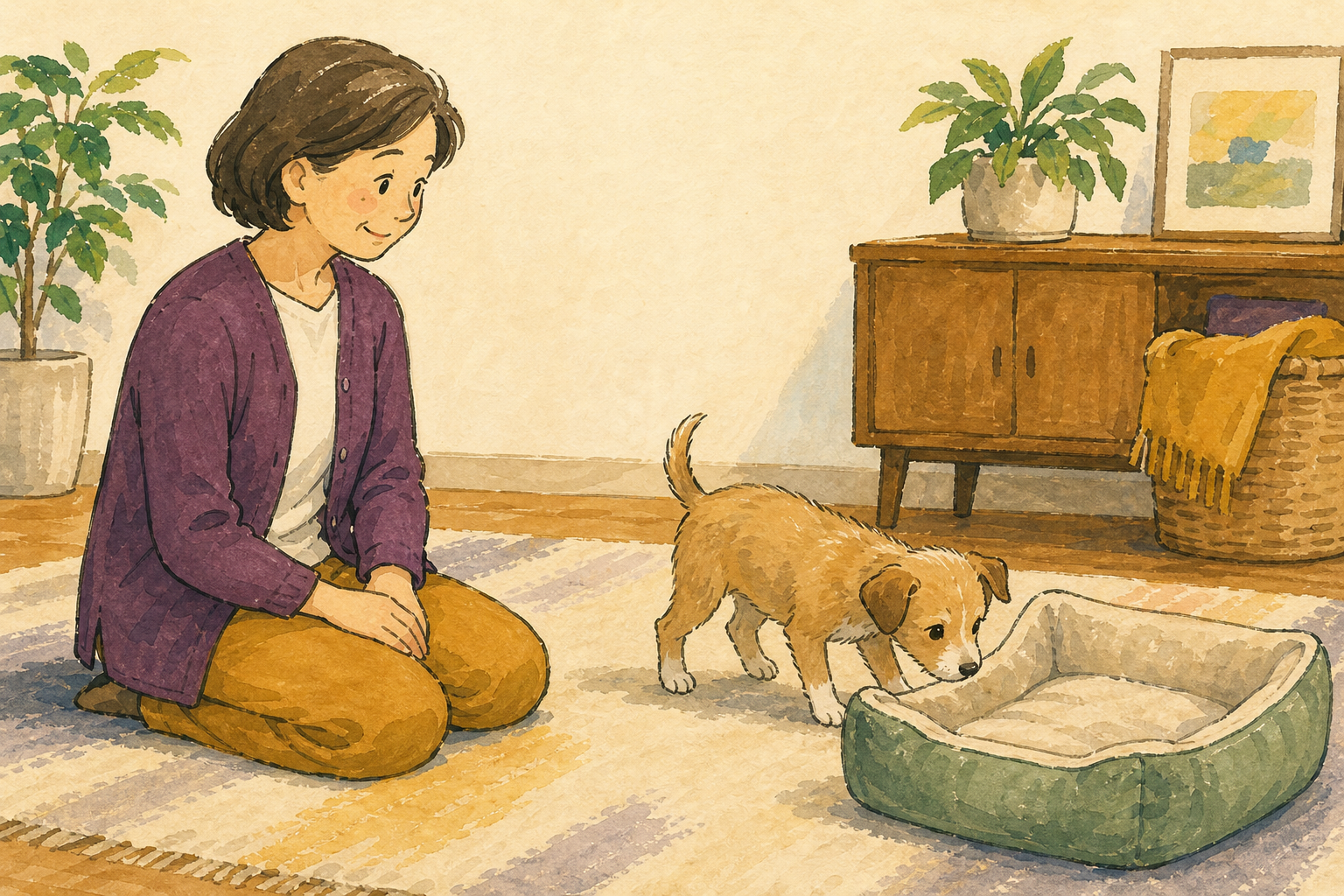 寝床の近くで静かに座り、子犬が自分から近づくのを待つ飼い主