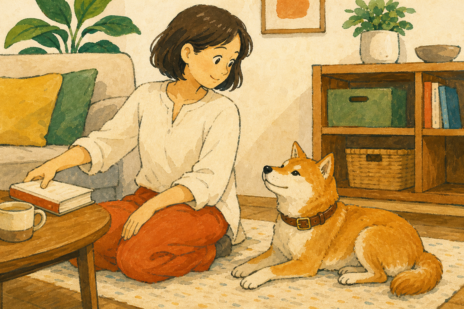 犬が近くに来たとき、飼い主が作業を止めて静かにそばで過ごす