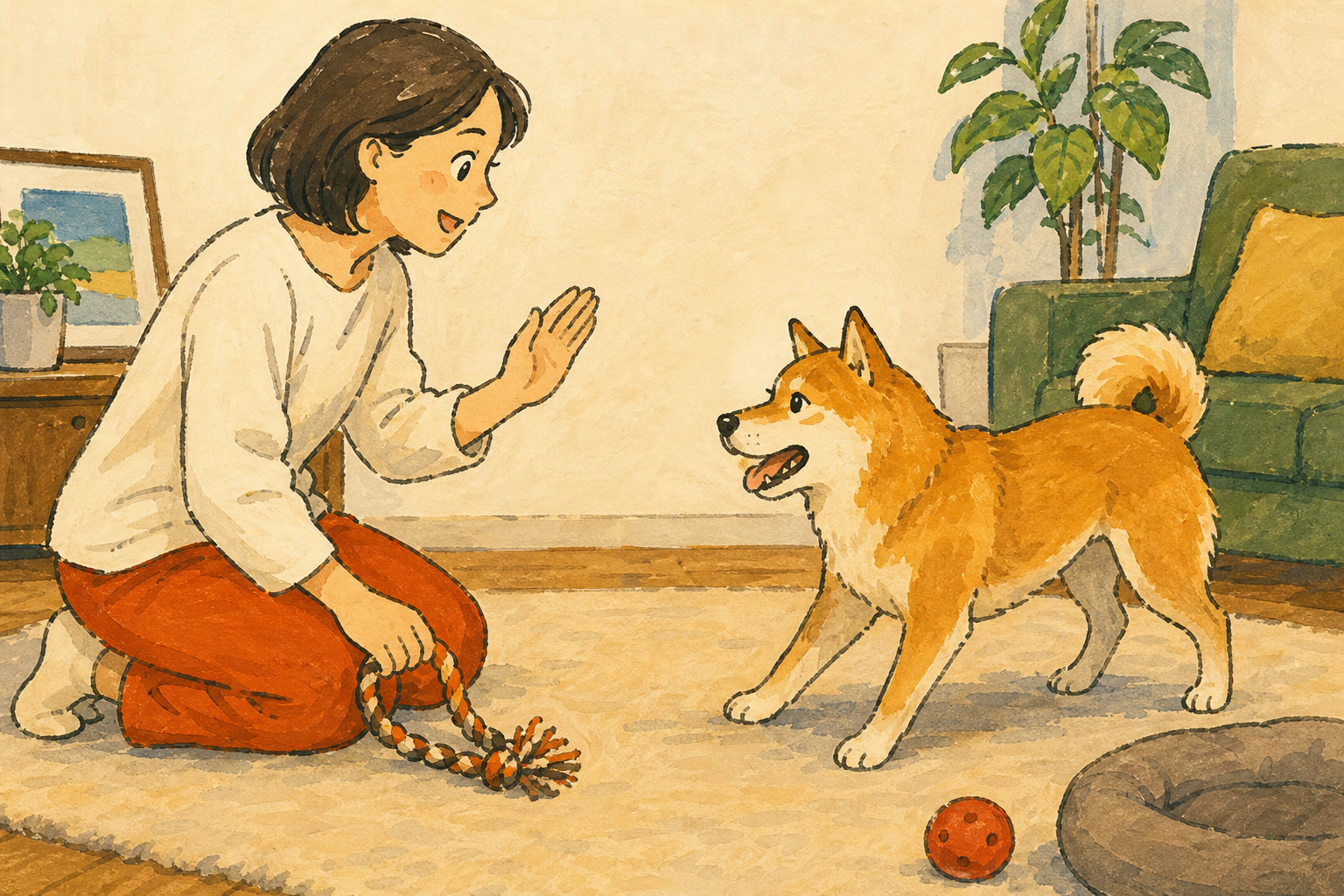 飼い主が短い声かけと手ぶりで犬を遊びに誘う場面