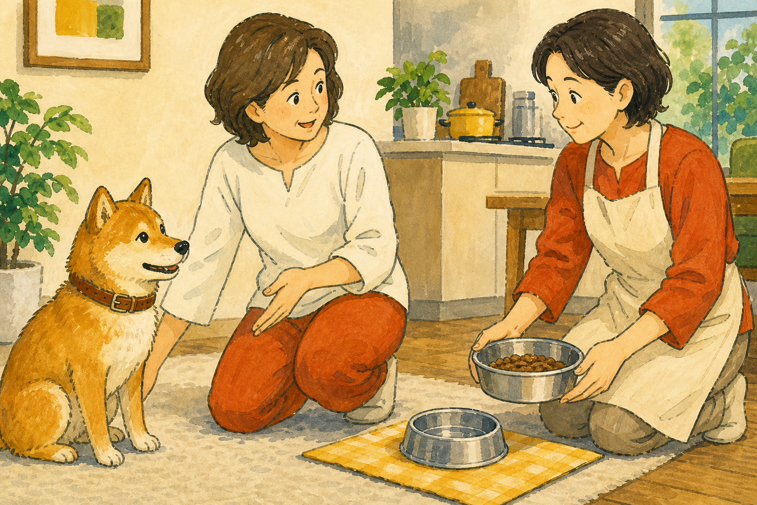 家族が犬の世話を一つずつ分担している様子