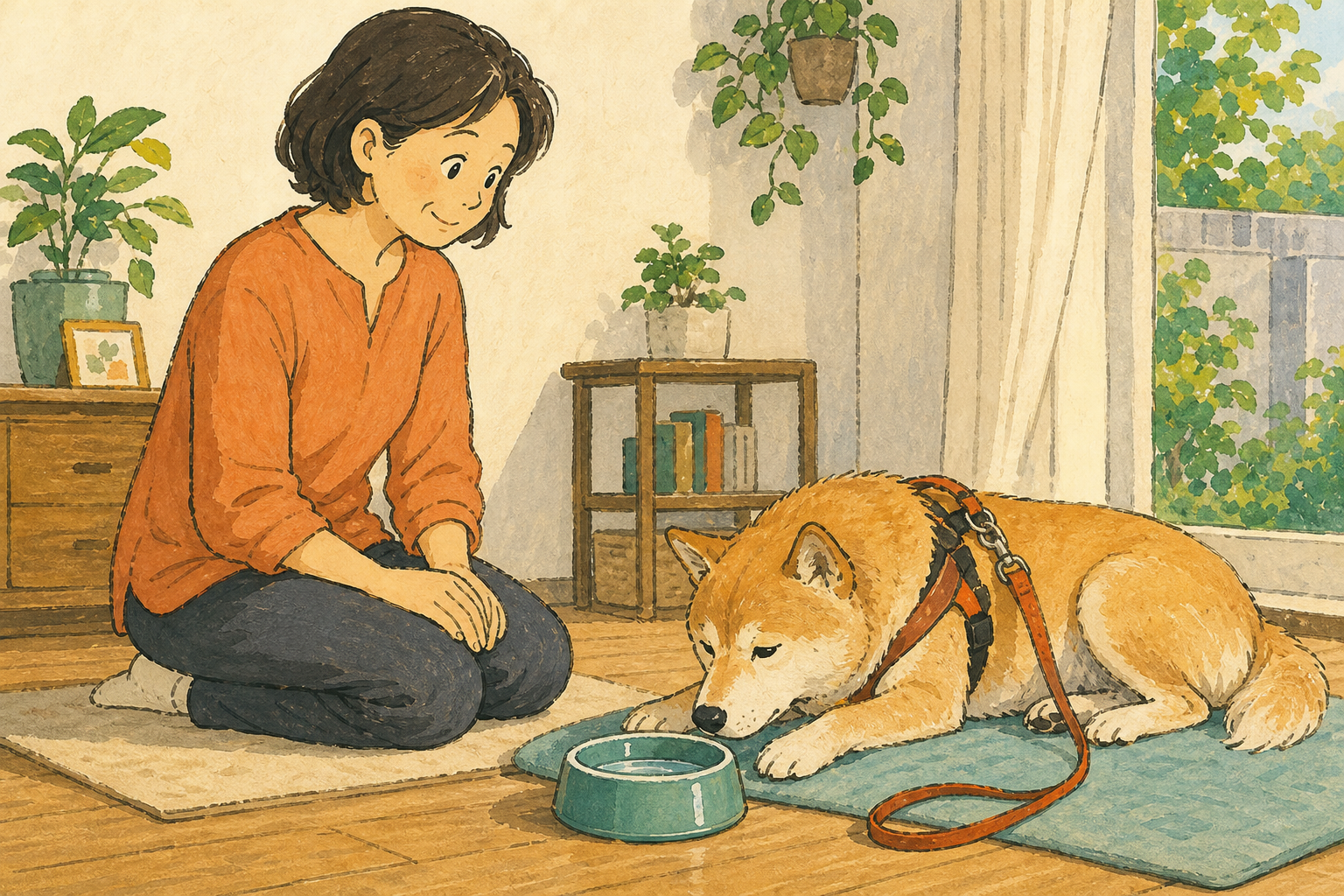 散歩後に水を飲んで休む犬の様子を、飼い主が静かに見守るイラスト