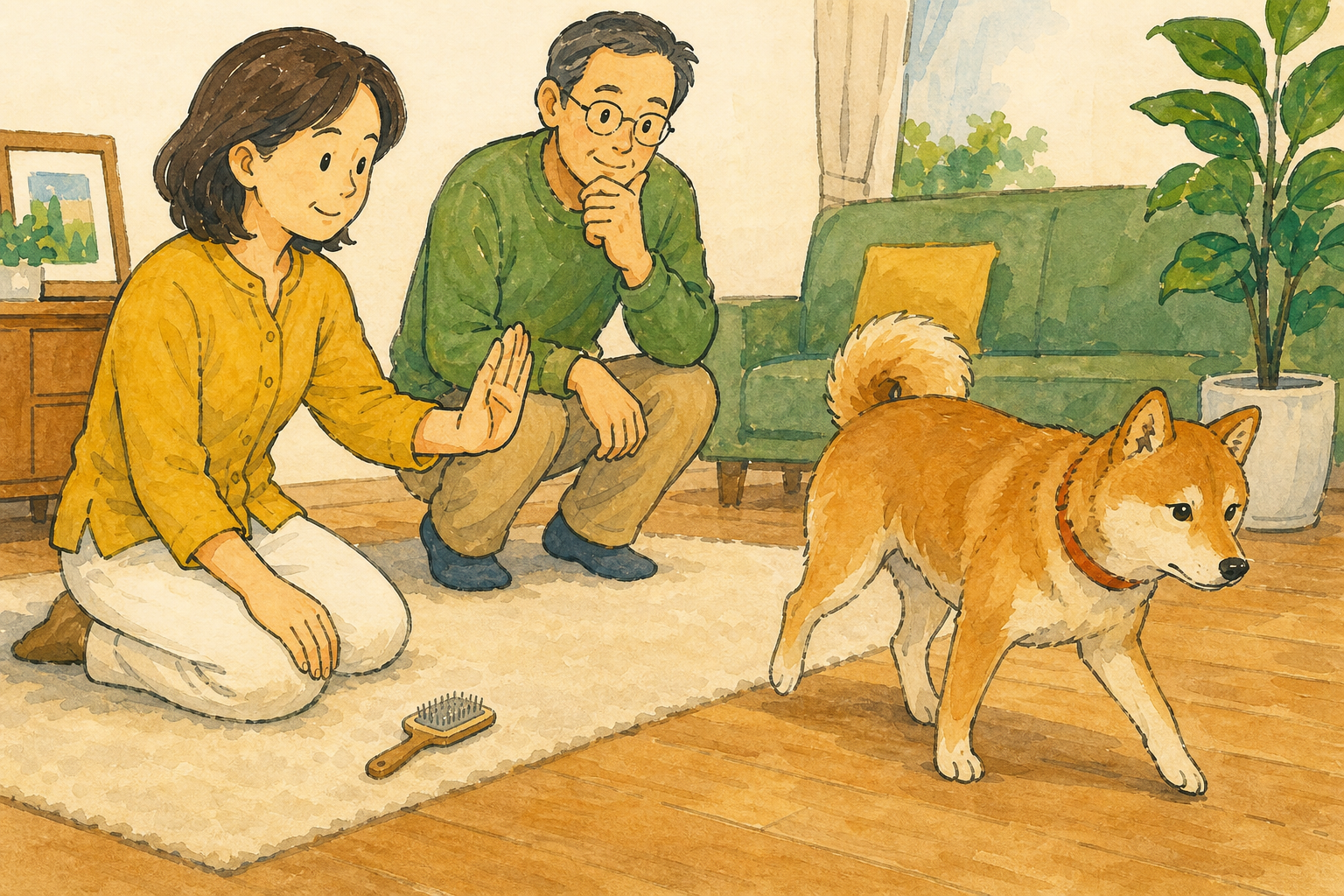 ブラシを置き、犬が嫌がる様子を見て手を止める飼い主