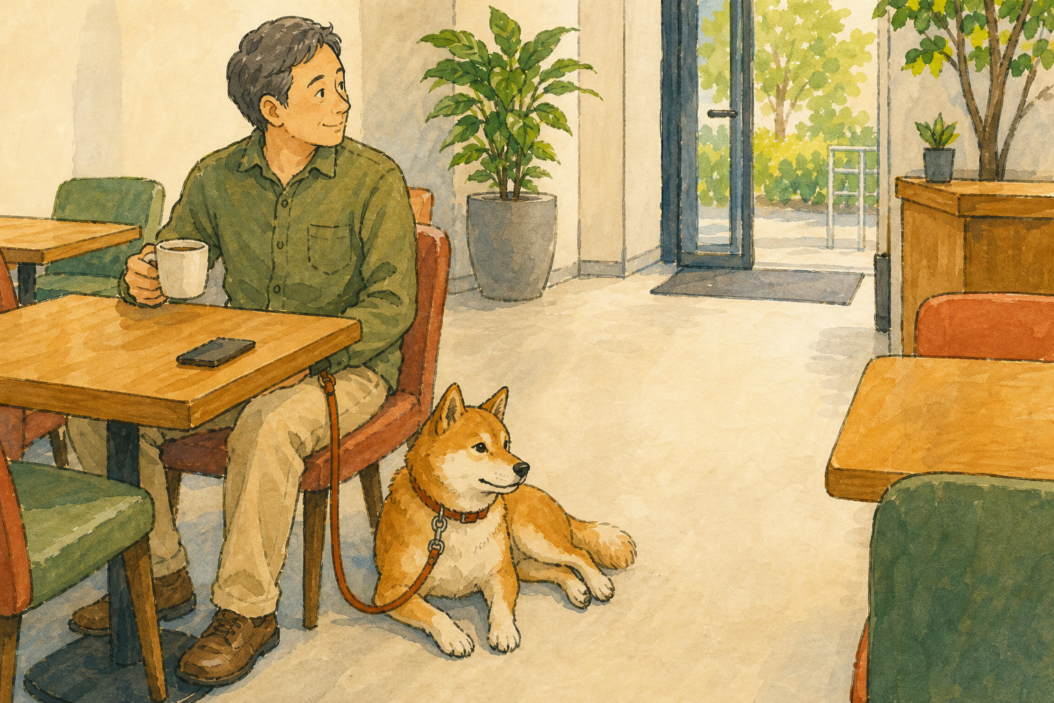 犬のそばに余裕があり出口へ移動しやすいカフェ席を選ぶ飼い主