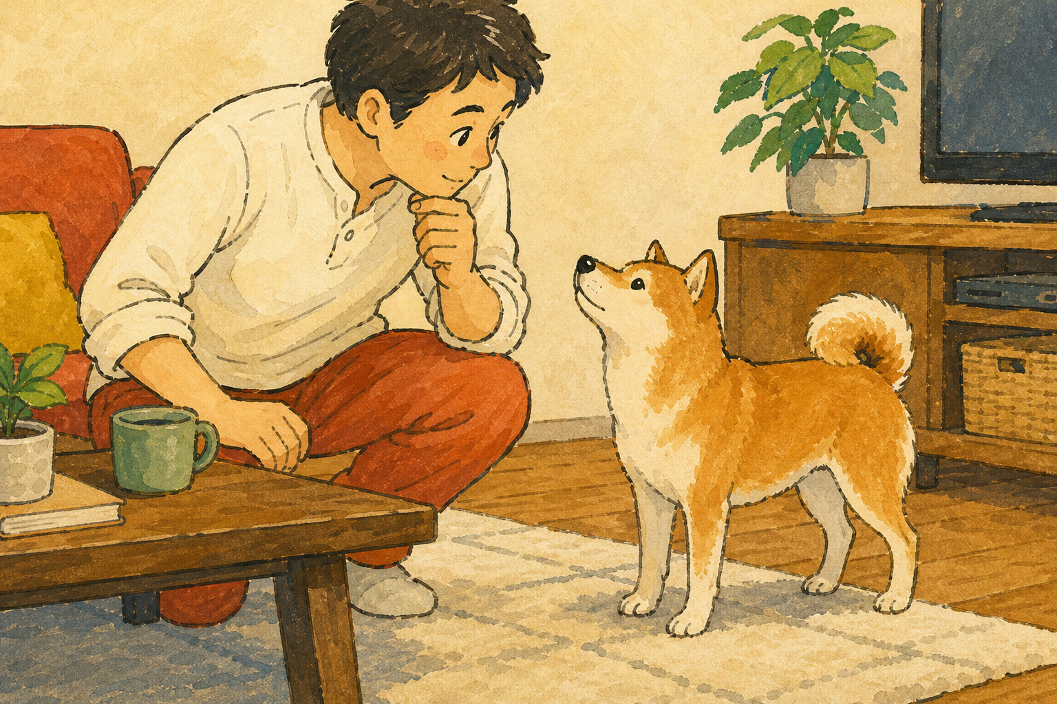 見上げる犬の表情だけでなく、体の様子も見る飼い主