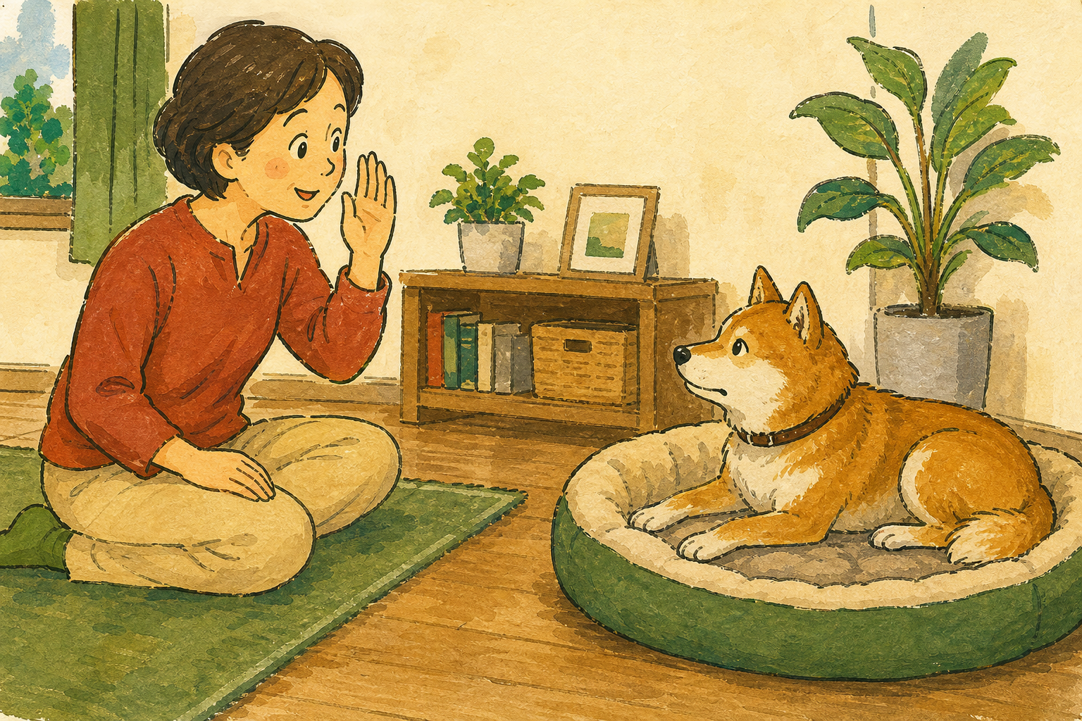 家で飼い主が名前を呼び、休んでいる犬の自然な反応を見ている場面