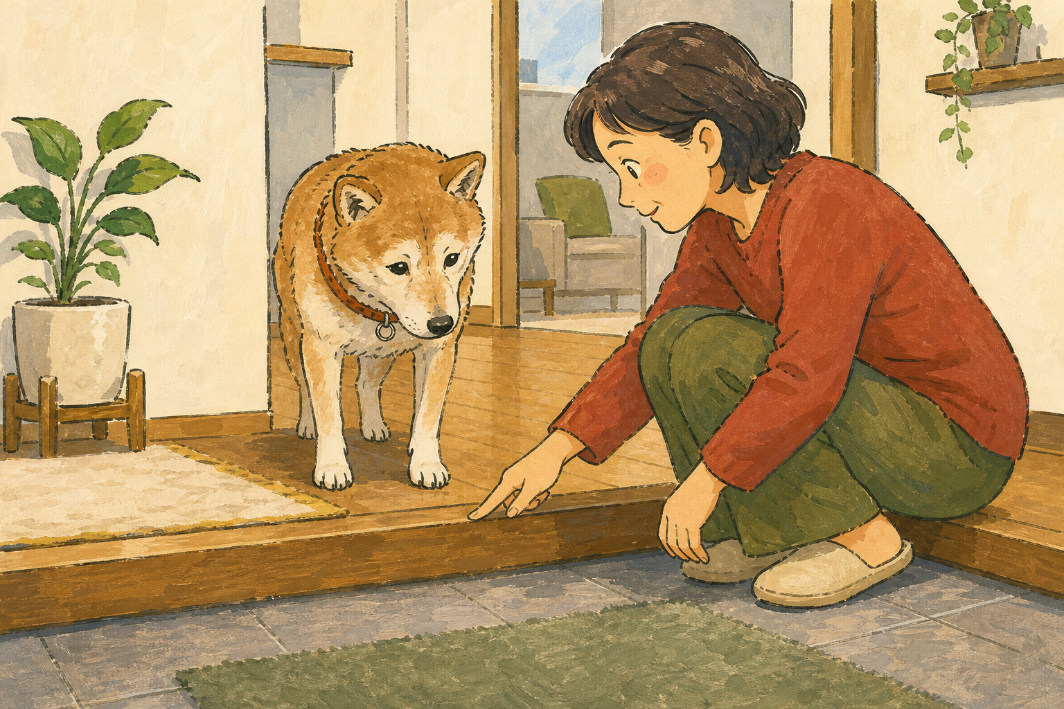 飼い主が犬の目線に近い高さから段差の前後の床を見ている