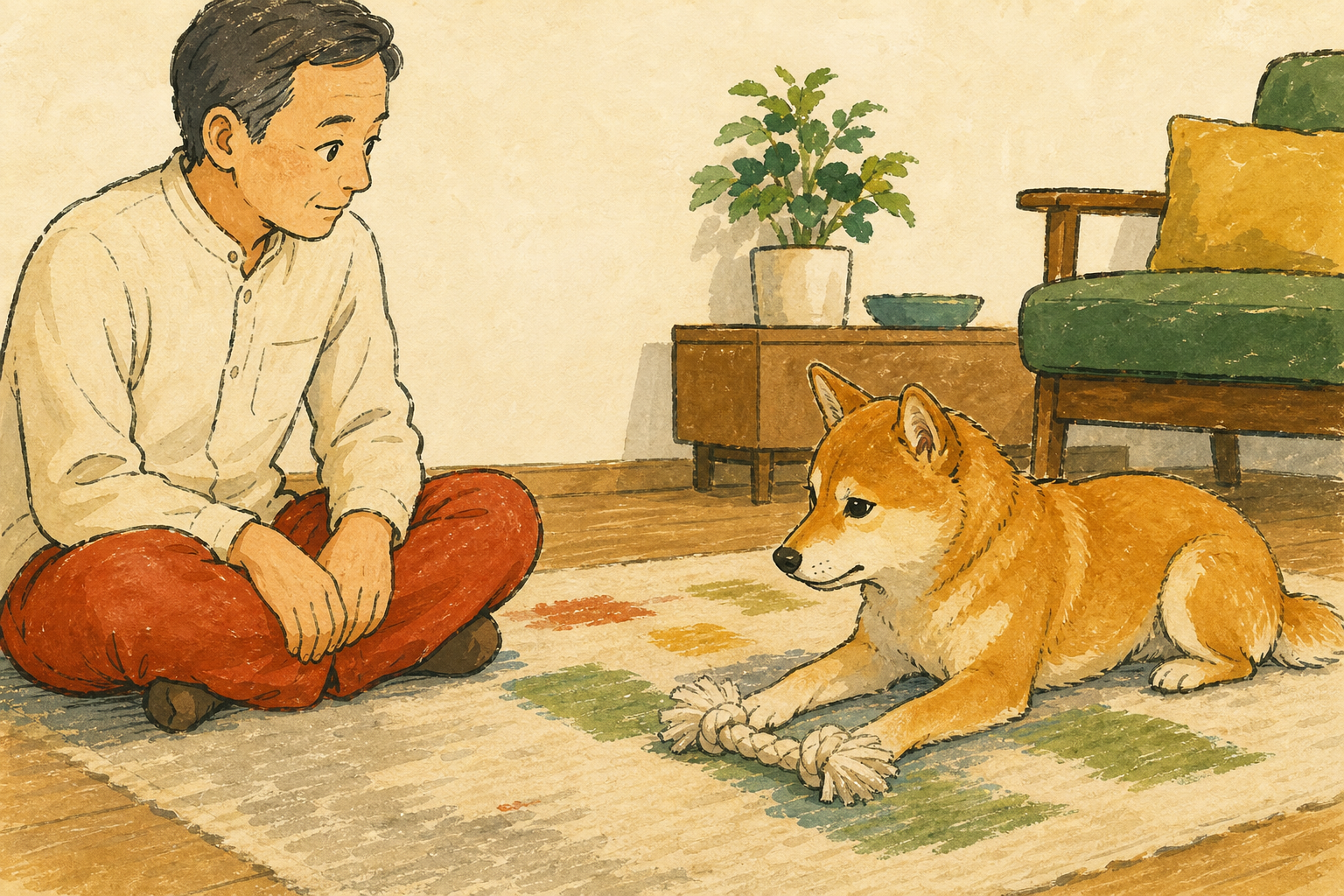 飼い主が手を膝に置き、おもちゃをくわえた犬を離れて観察する場面