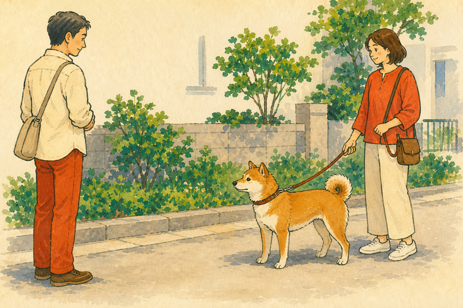 人が少し横向きに立ち止まり、飼い主のそばの犬が近づくか待っている場面