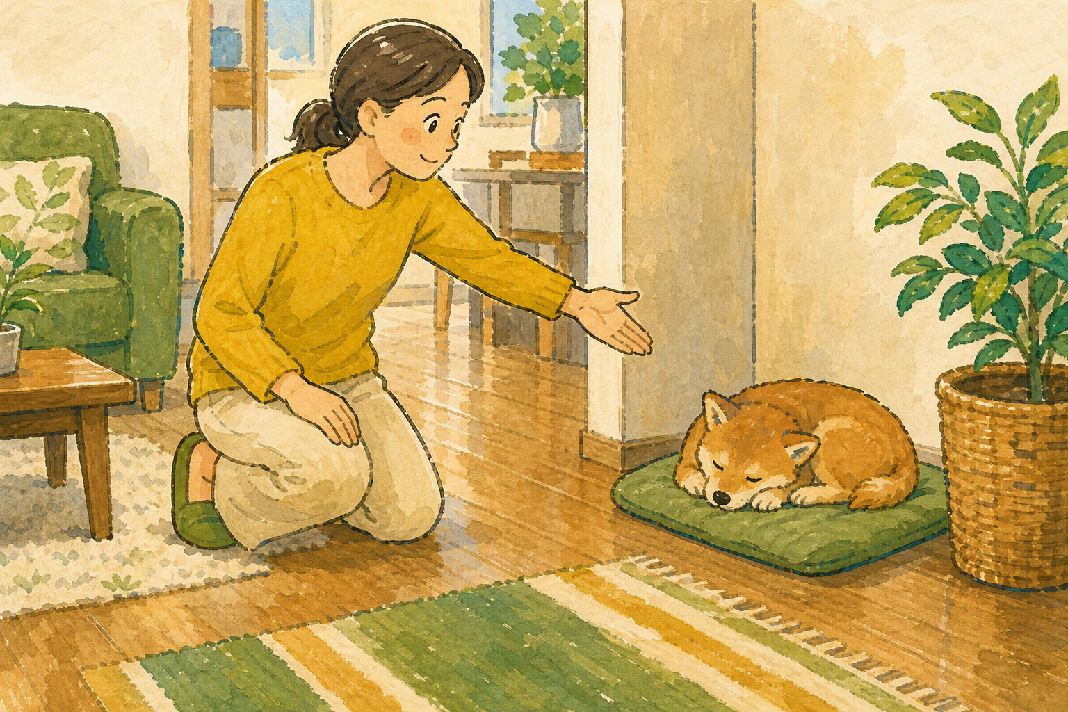 飼い主が子犬の寝床の周囲を見回し、静かに休める場所を考えている