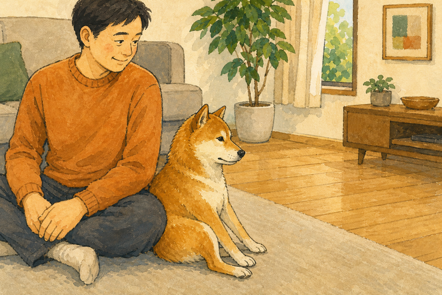 犬がお尻を寄せて座るそばで、飼い主が手を出さずに様子を見ている