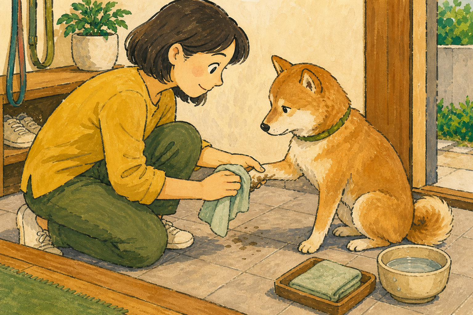 飼い主が散歩後の犬の足の汚れを見て、湿らせた布で拭いている